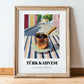 Türk Kahvesi – Turkish Urban Café Scene, Turkish Coffee Poster, in wooden frame leaning on the floor