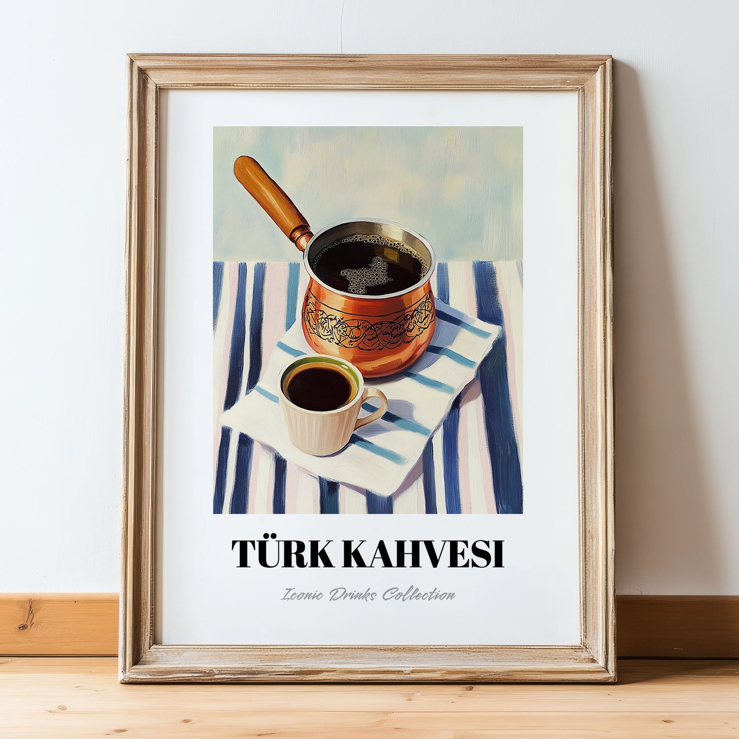 Türk Kahvesi – on Striped Tablecloth, Turkish Coffee Still Life, in wooden frame leaning on the floor