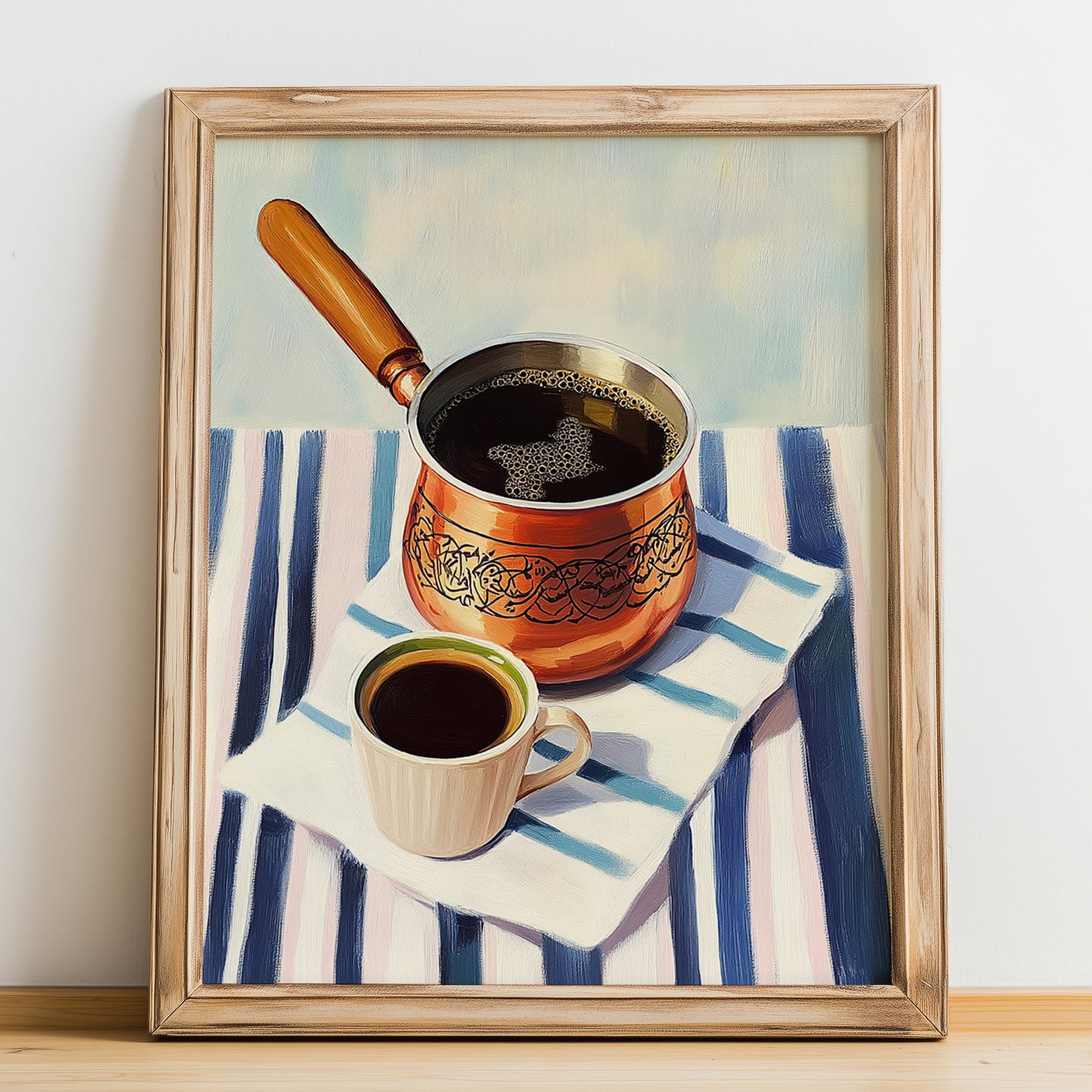 Türk Kahvesi – on Striped Tablecloth, Turkish Coffee Still Life, no-text version framed in wood