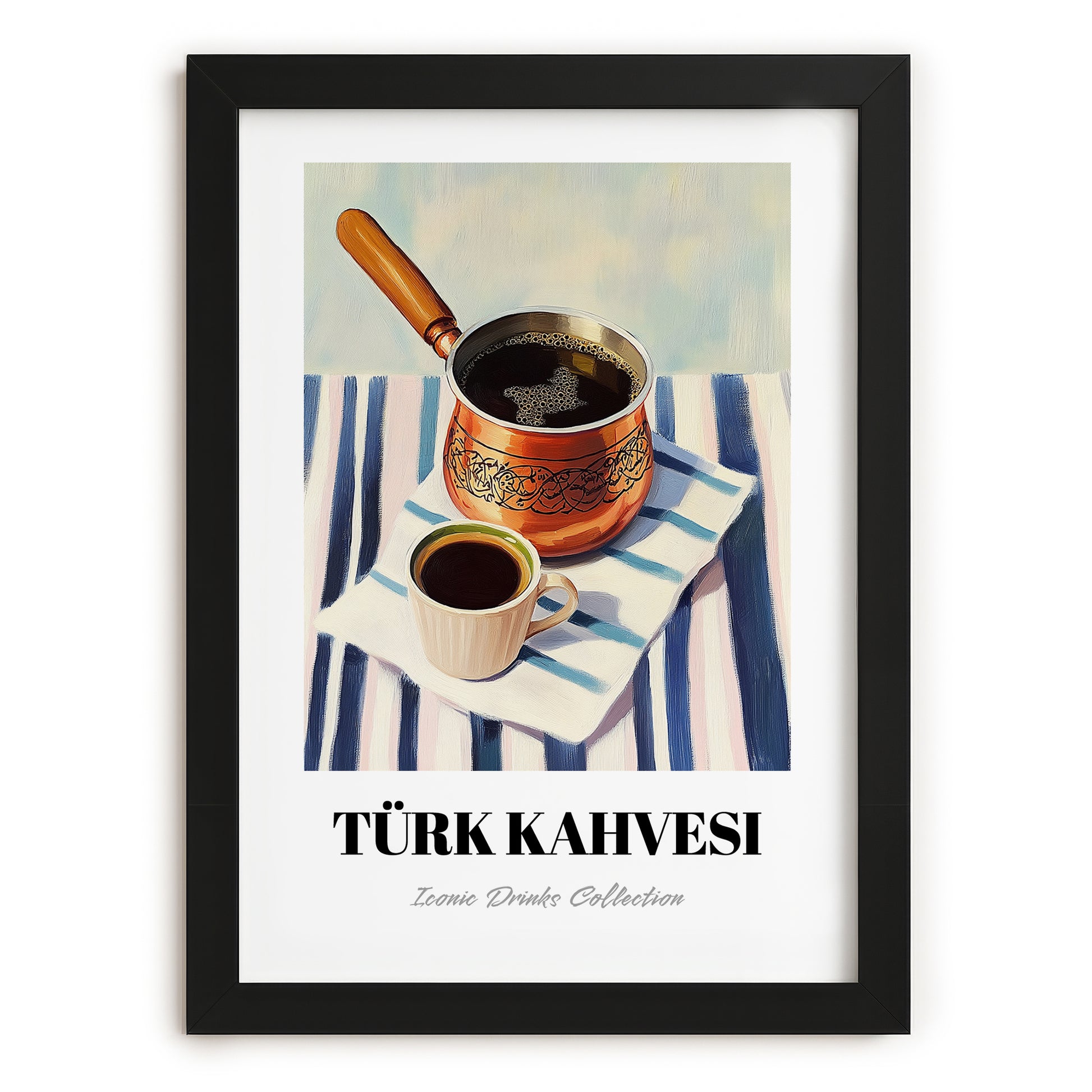 Türk Kahvesi – on Striped Tablecloth, Turkish Coffee Still Life, in sleek black frame