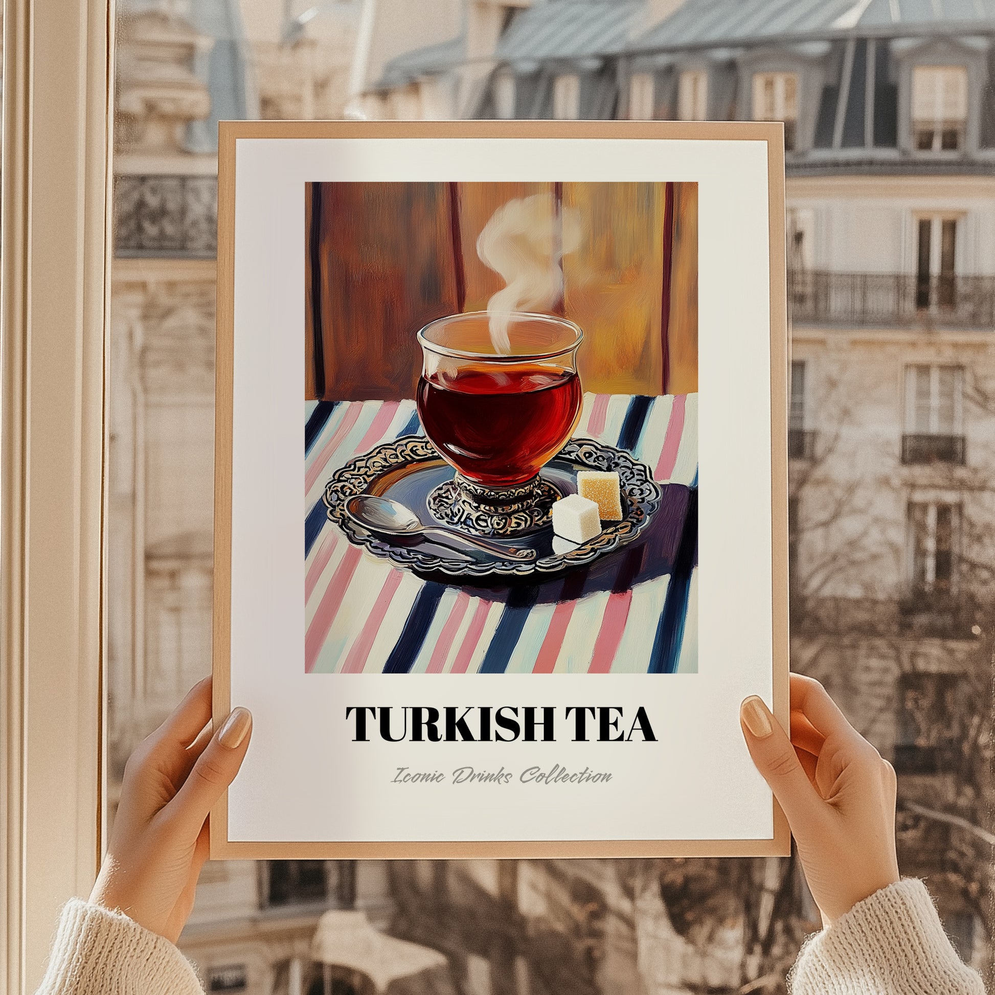 Turkish Tea – on Striped Tablecloth, Türk Çayı Poster, styled in a charming Paris street view