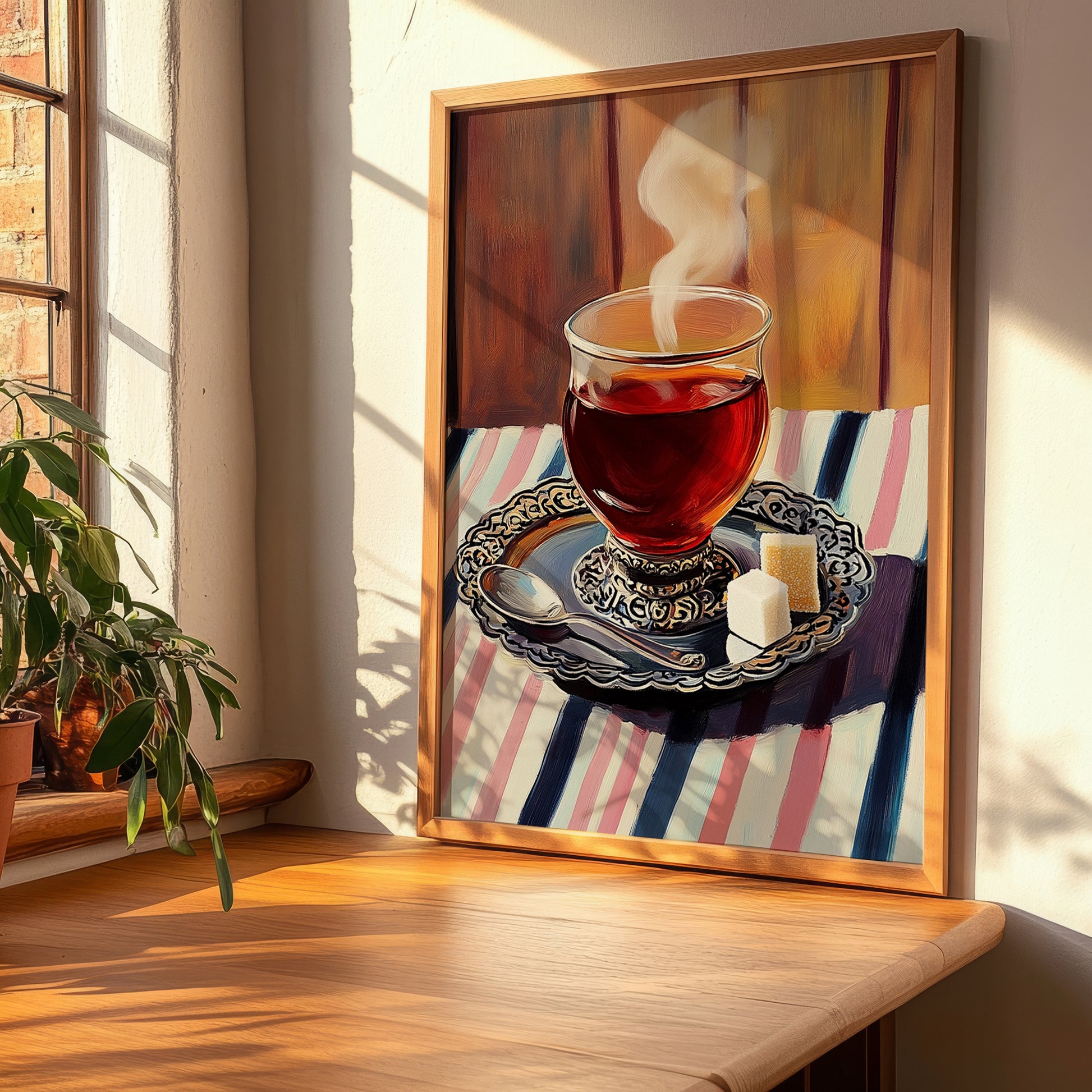Turkish Tea – on Striped Tablecloth, Türk Çayı Poster, clean layout with no caption