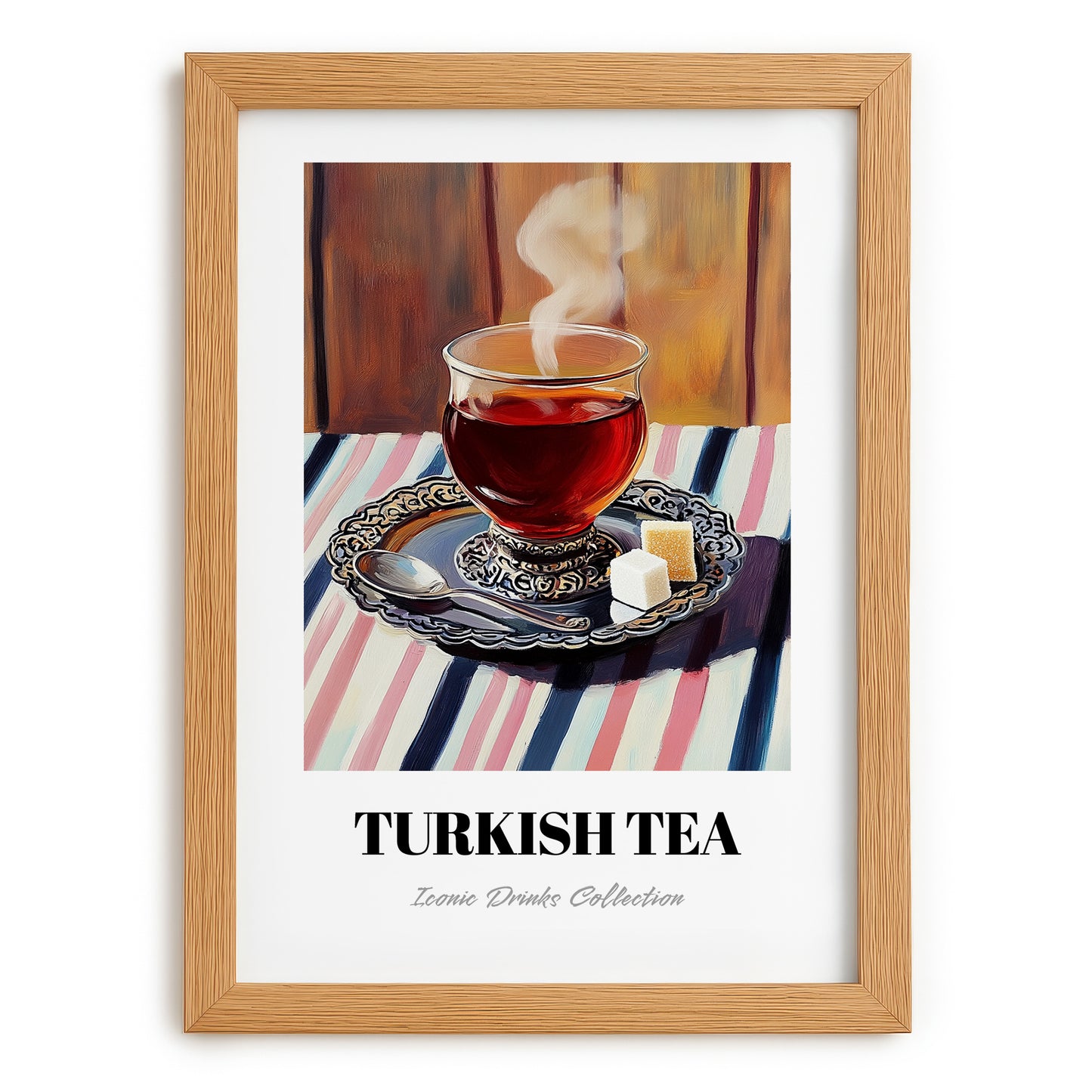 Turkish Tea – on Striped Tablecloth, Türk Çayı Poster, set in oak frame