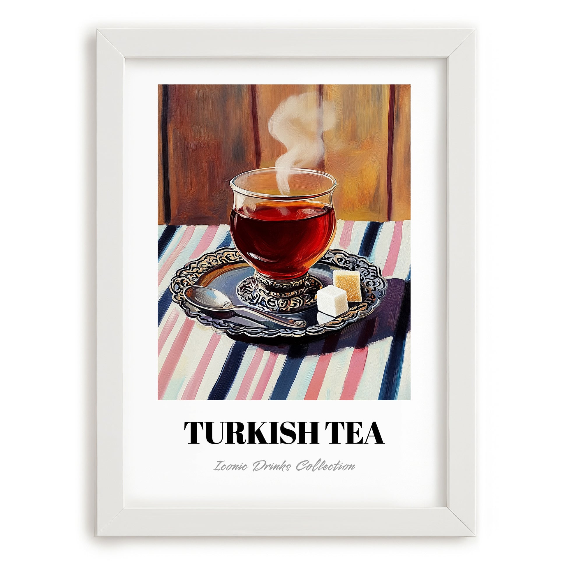Turkish Tea – on Striped Tablecloth, Türk Çayı Poster, placed in minimal white frame