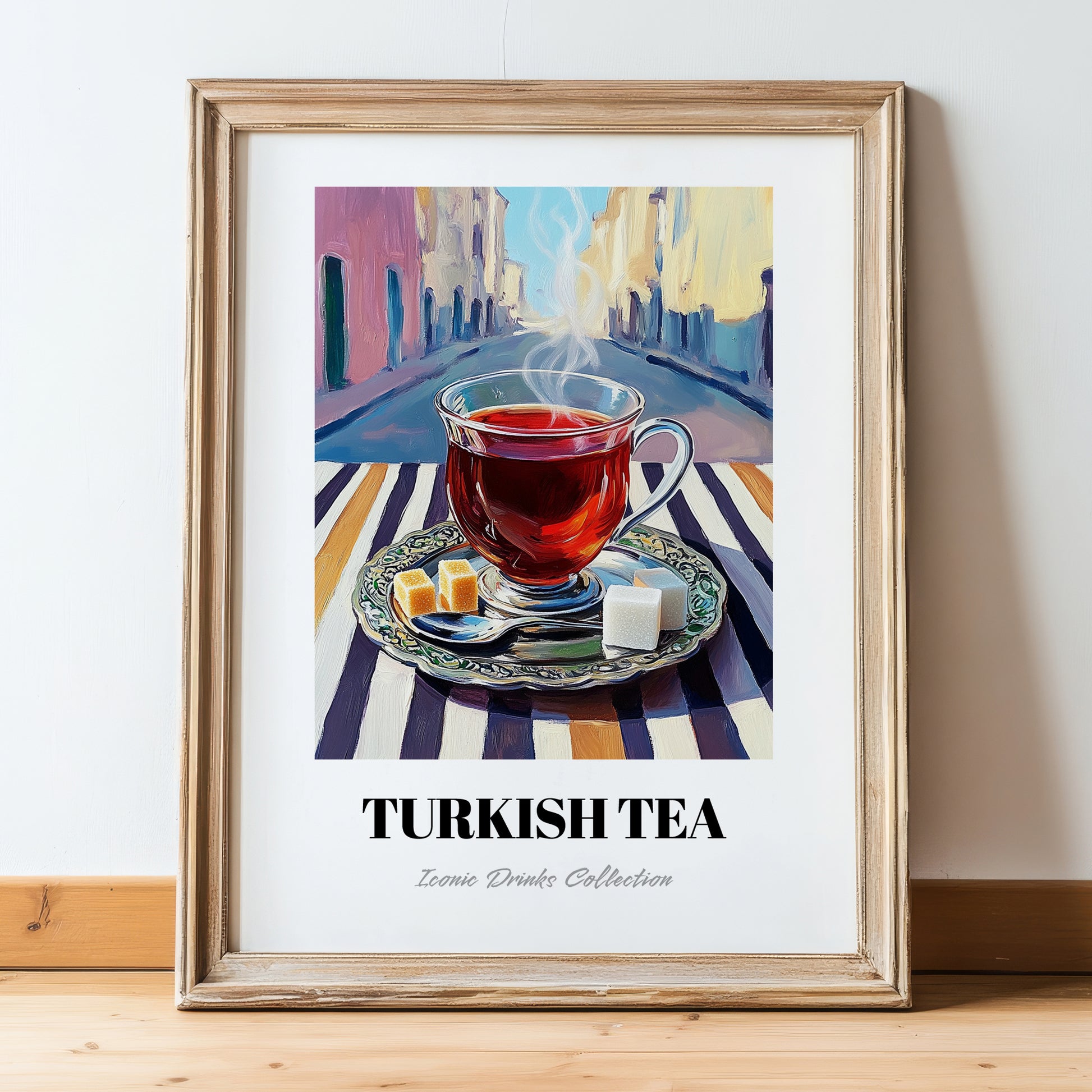 Turkish Tea – Türk Urban Café Scene, Türk Çayı Illustration, in wooden frame leaning on the floor