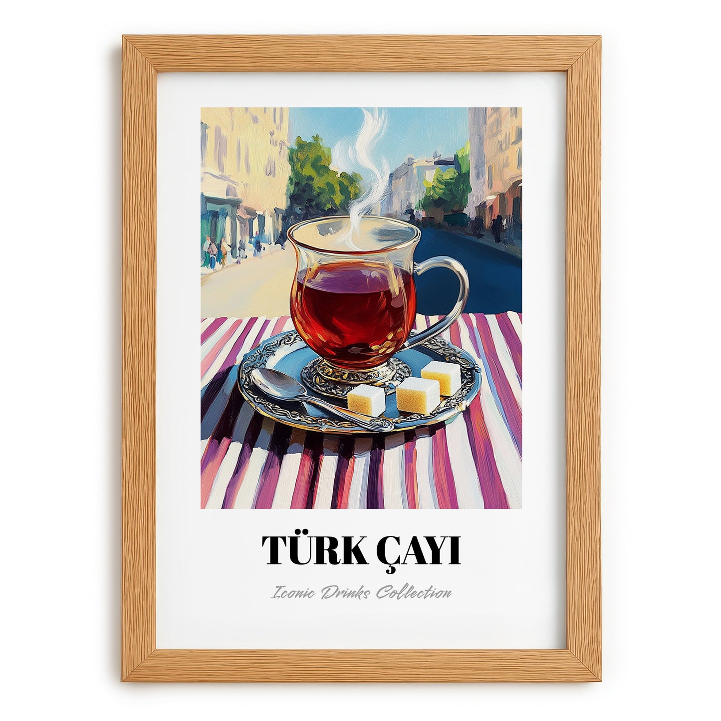 Türk Çayı – Turkish Outdoor Café Scene, Turkish Tea Poster, set in oak frame