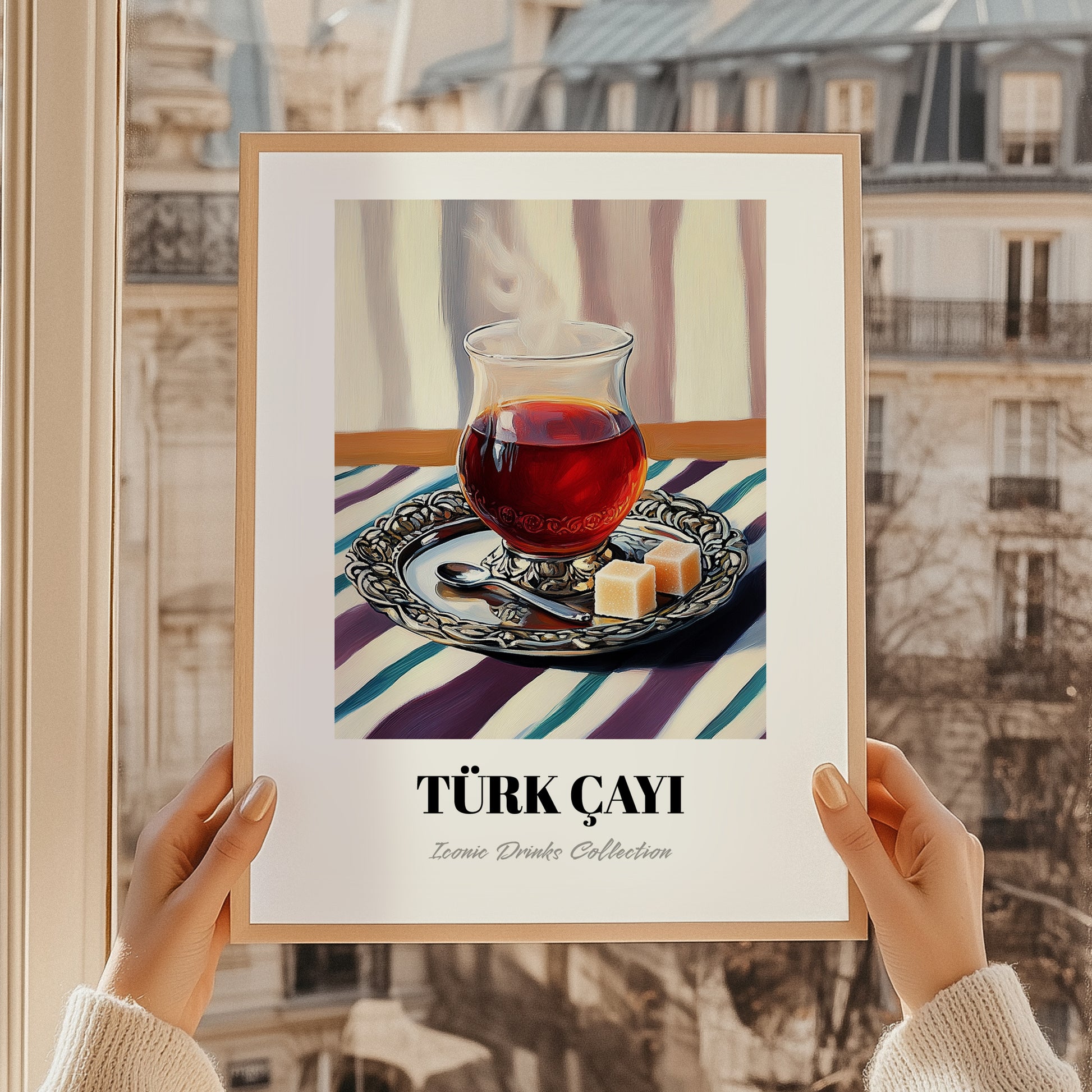 Türk Çayı – on Striped Tablecloth, Turkish Tea Wall Decor, styled in a charming Paris street view