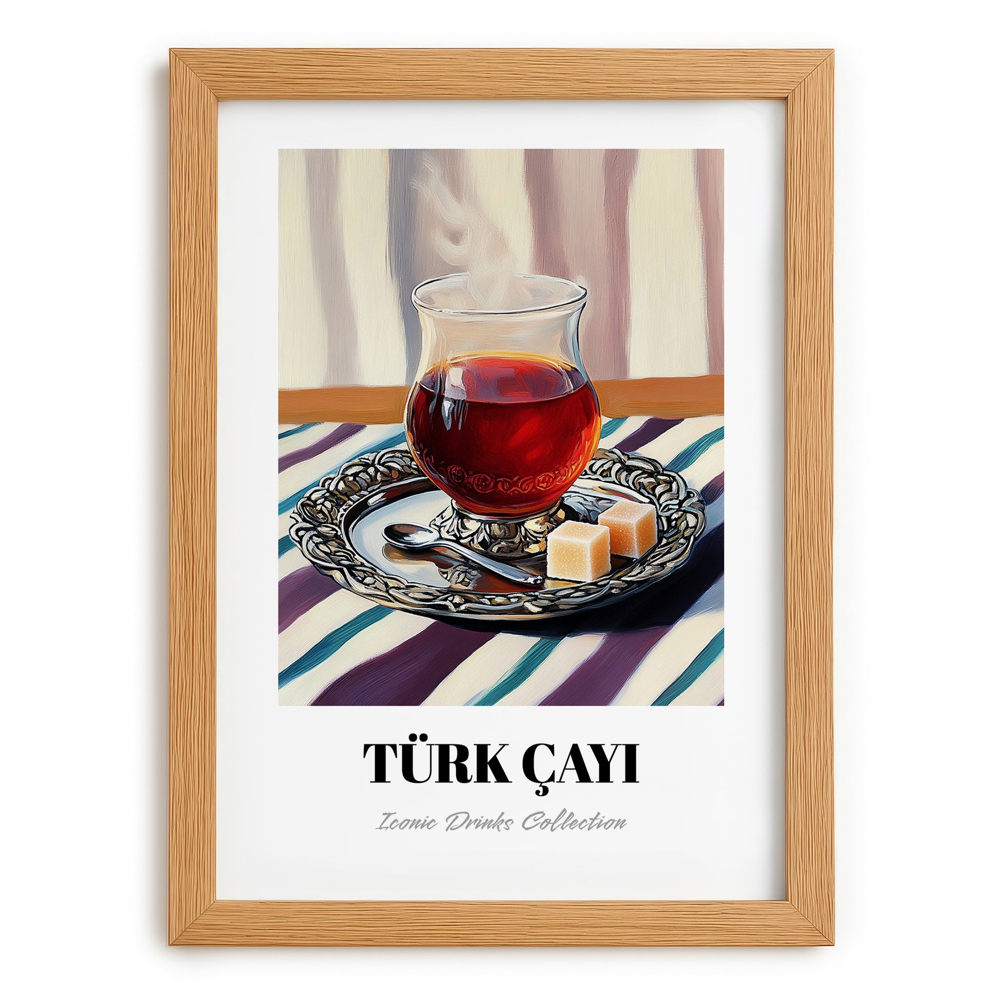 Türk Çayı – on Striped Tablecloth, Turkish Tea Wall Decor, set in oak frame