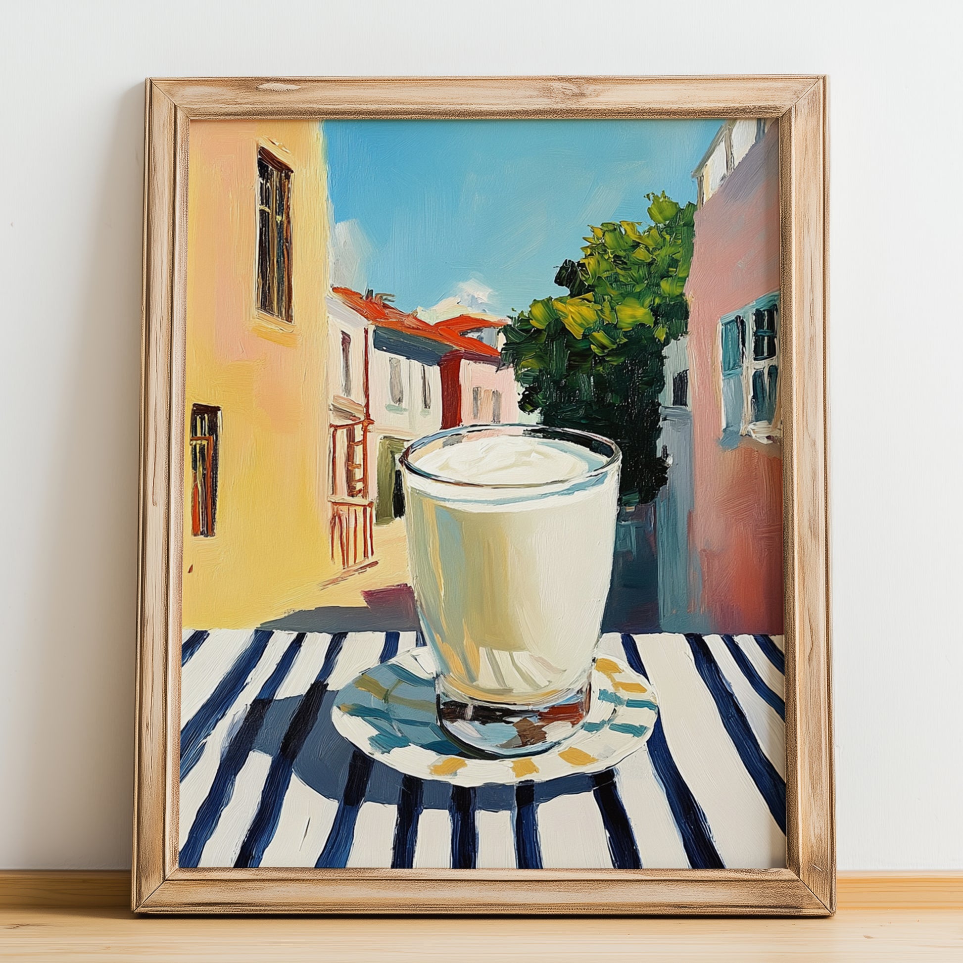 Ayran – Turkish Street Café Scene, Turkish Beverage Poster, no-text version framed in wood