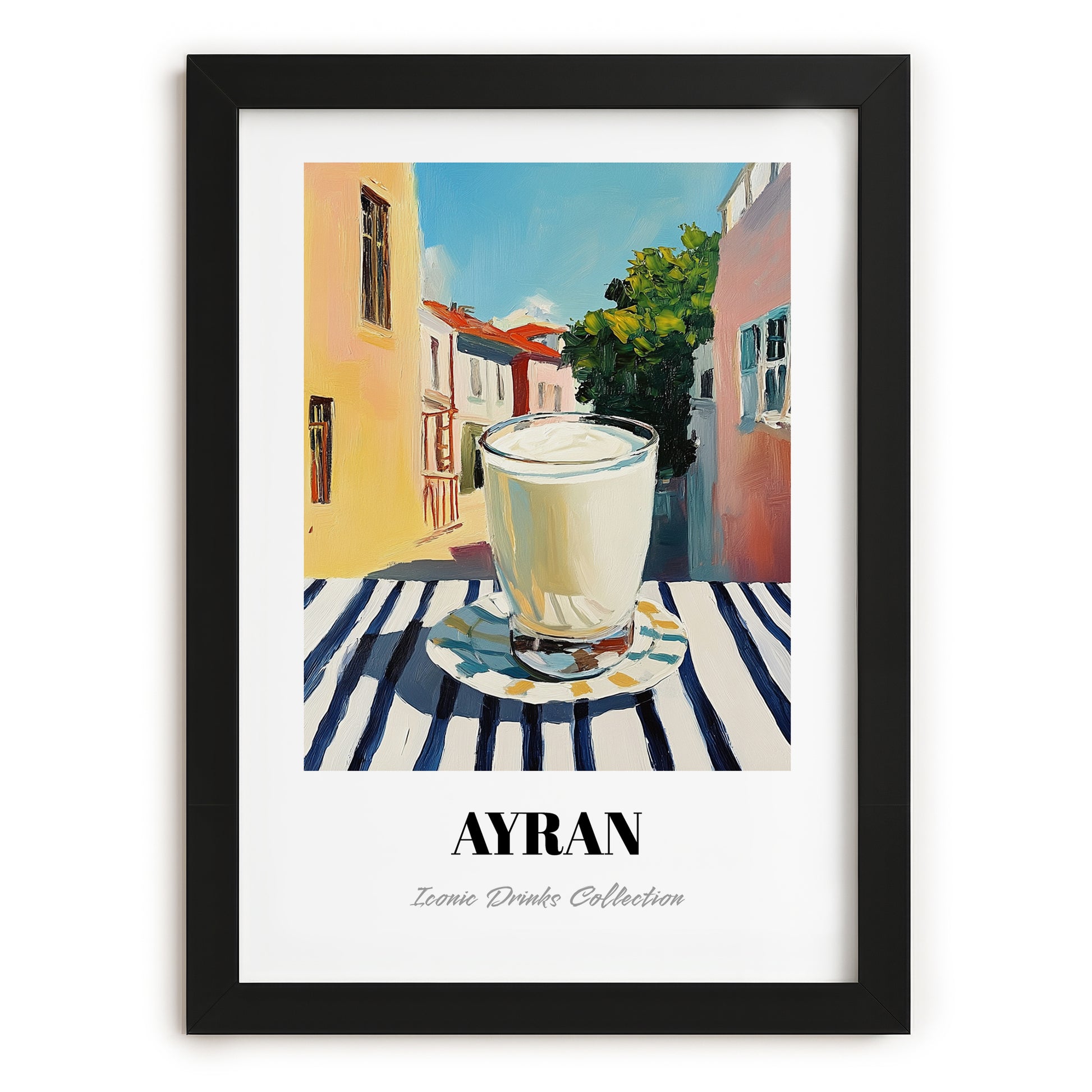 Ayran – Turkish Street Café Scene, Turkish Beverage Poster, in sleek black frame