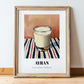 Ayran – on Striped Tablecloth, Turkish Beverage Wall Decor, in wooden frame leaning on the floor