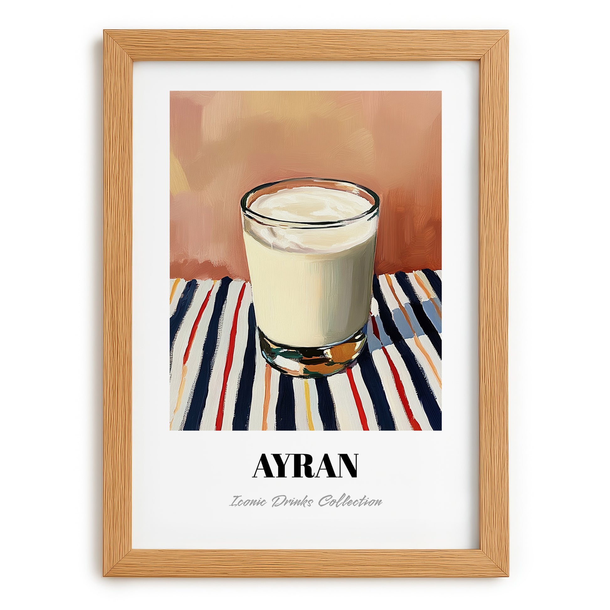 Ayran – on Striped Tablecloth, Turkish Beverage Wall Decor, set in oak frame