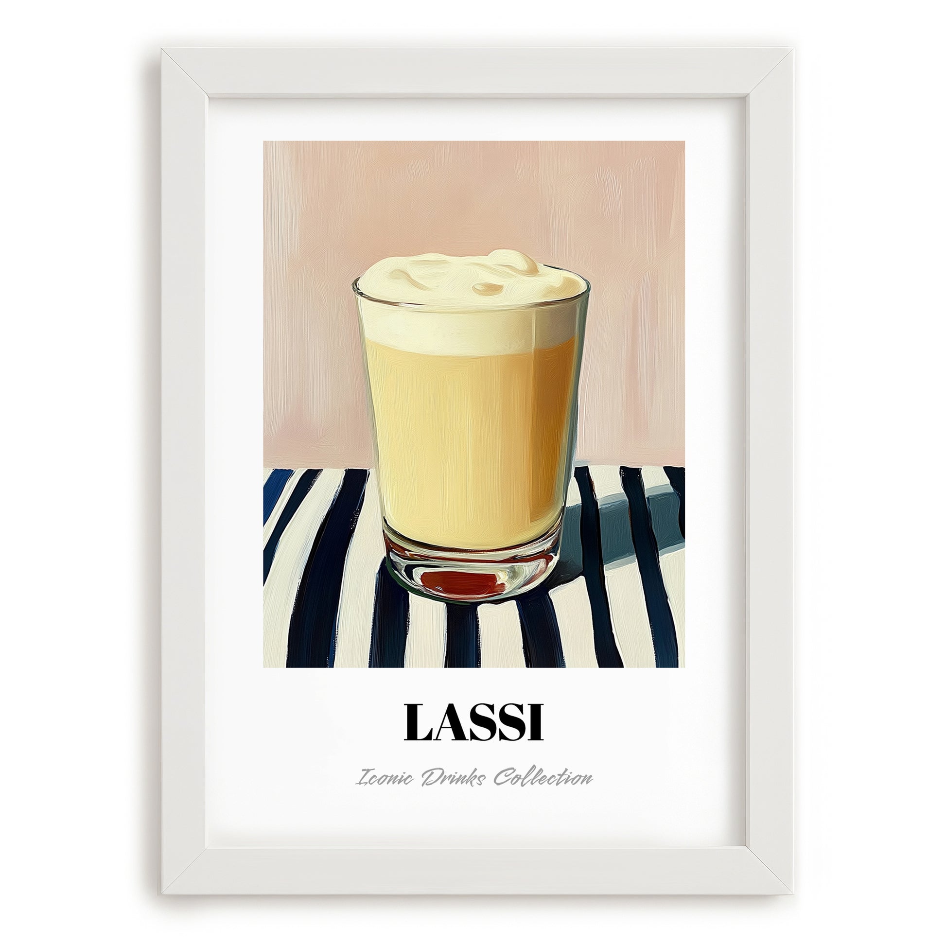 Lassi – on Striped Tablecloth, Pakistani Beverage Painting, placed in minimal white frame