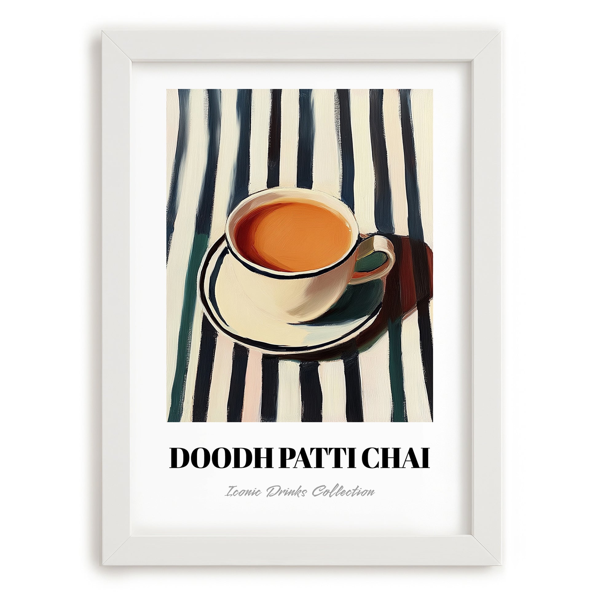 Doodh Patti Chai – on Striped Tablecloth, Pakistani Tea Painting, placed in minimal white frame