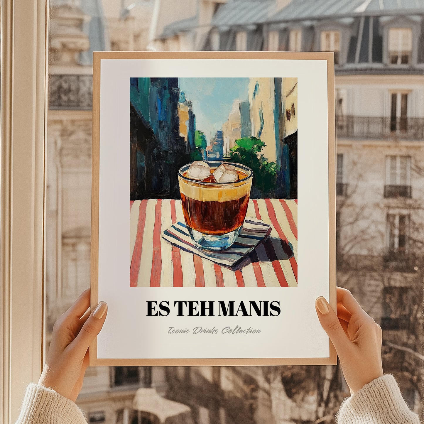 Es Teh Manis – Indonesian Café on the Corner, Indonesian Tea Painting, styled in a charming Paris street view