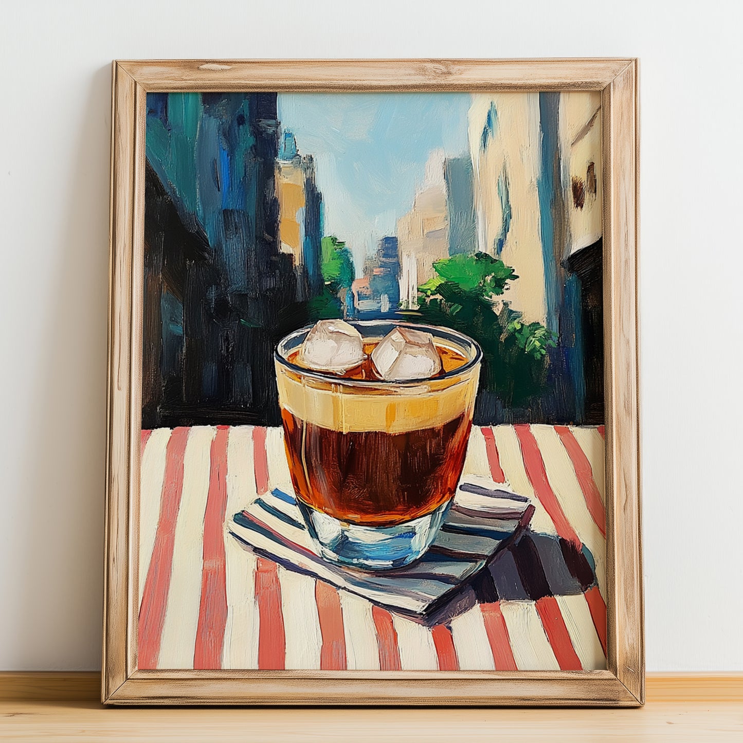 Es Teh Manis – Indonesian Café on the Corner, Indonesian Tea Painting, no-text version framed in wood
