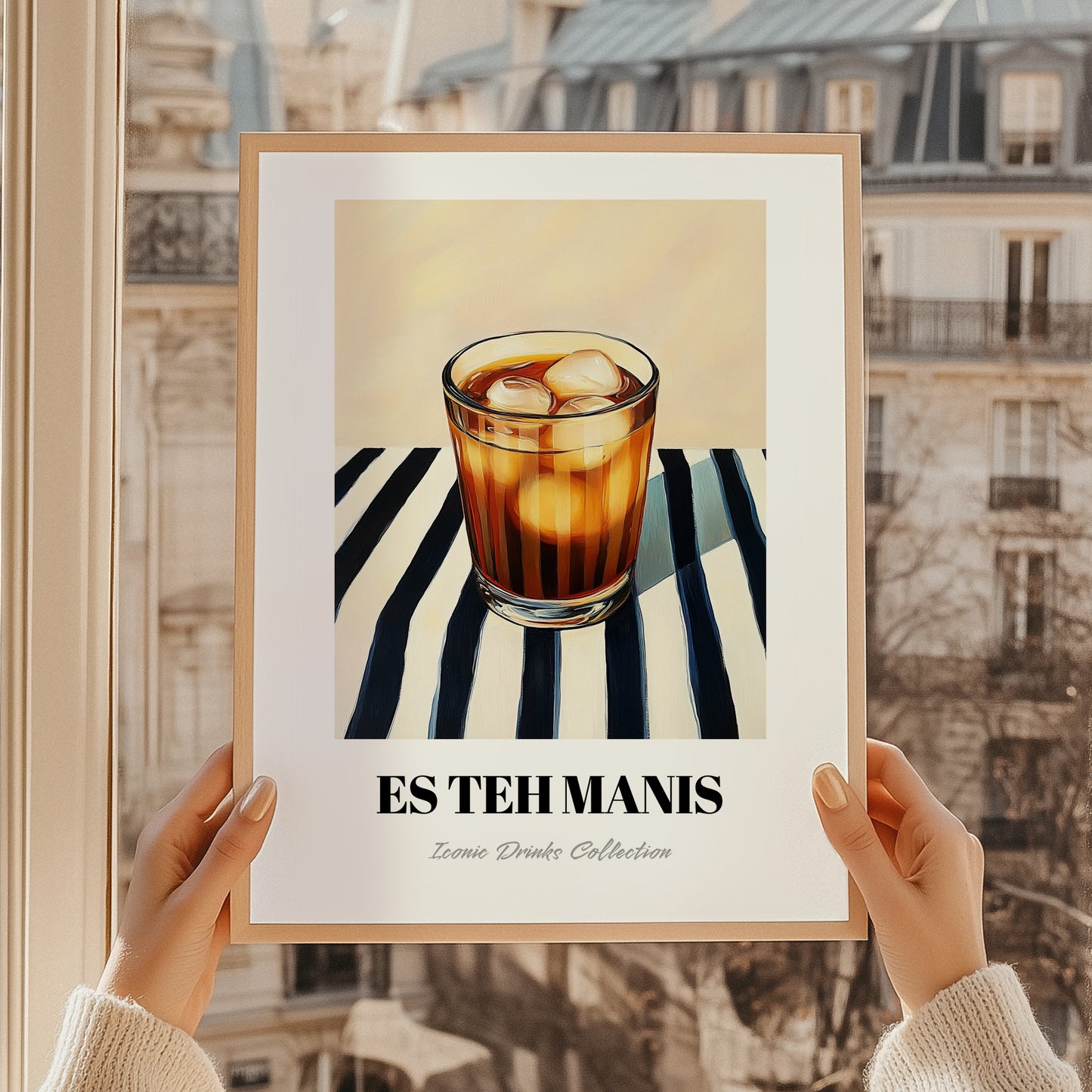 Es Teh Manis – on Striped Tablecloth, Indonesian Cocktail Print, styled in a charming Paris street view