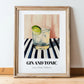Gin And Tonic – on Striped Tablecloth, English Cocktail Painting, in wooden frame leaning on the floor