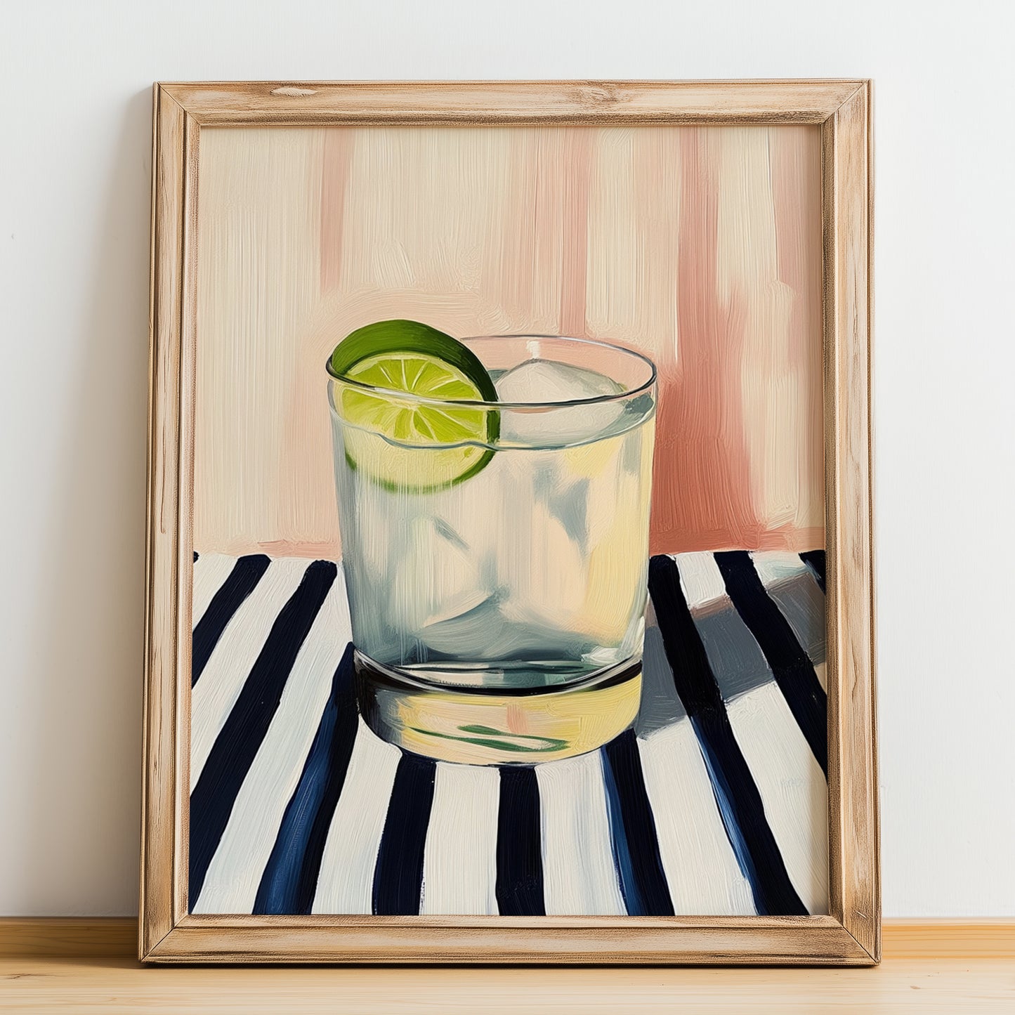Gin And Tonic – on Striped Tablecloth, English Cocktail Painting, no-text version framed in wood