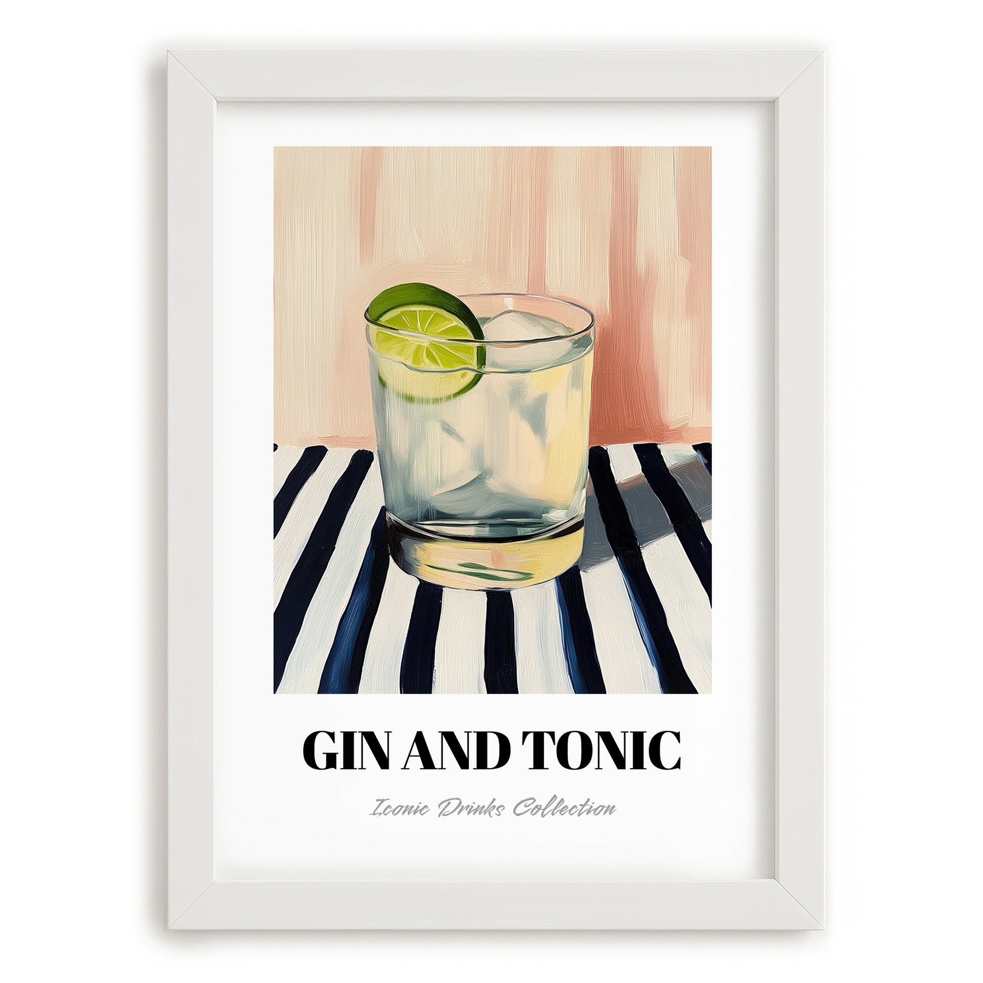 Gin And Tonic – on Striped Tablecloth, English Cocktail Painting, placed in minimal white frame