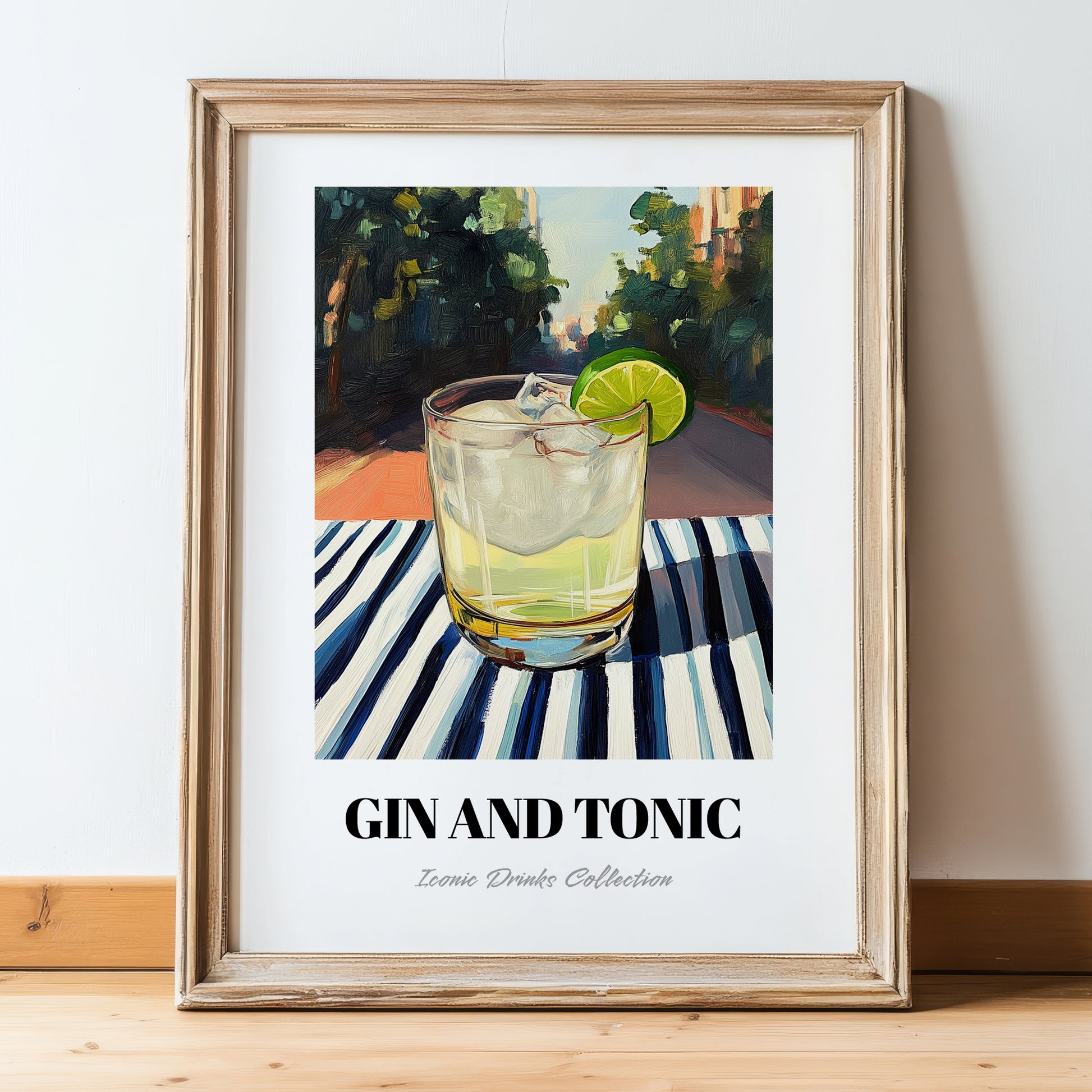 Gin And Tonic – English Outdoor Café Scene, English Spirit Wall Decor, in wooden frame leaning on the floor