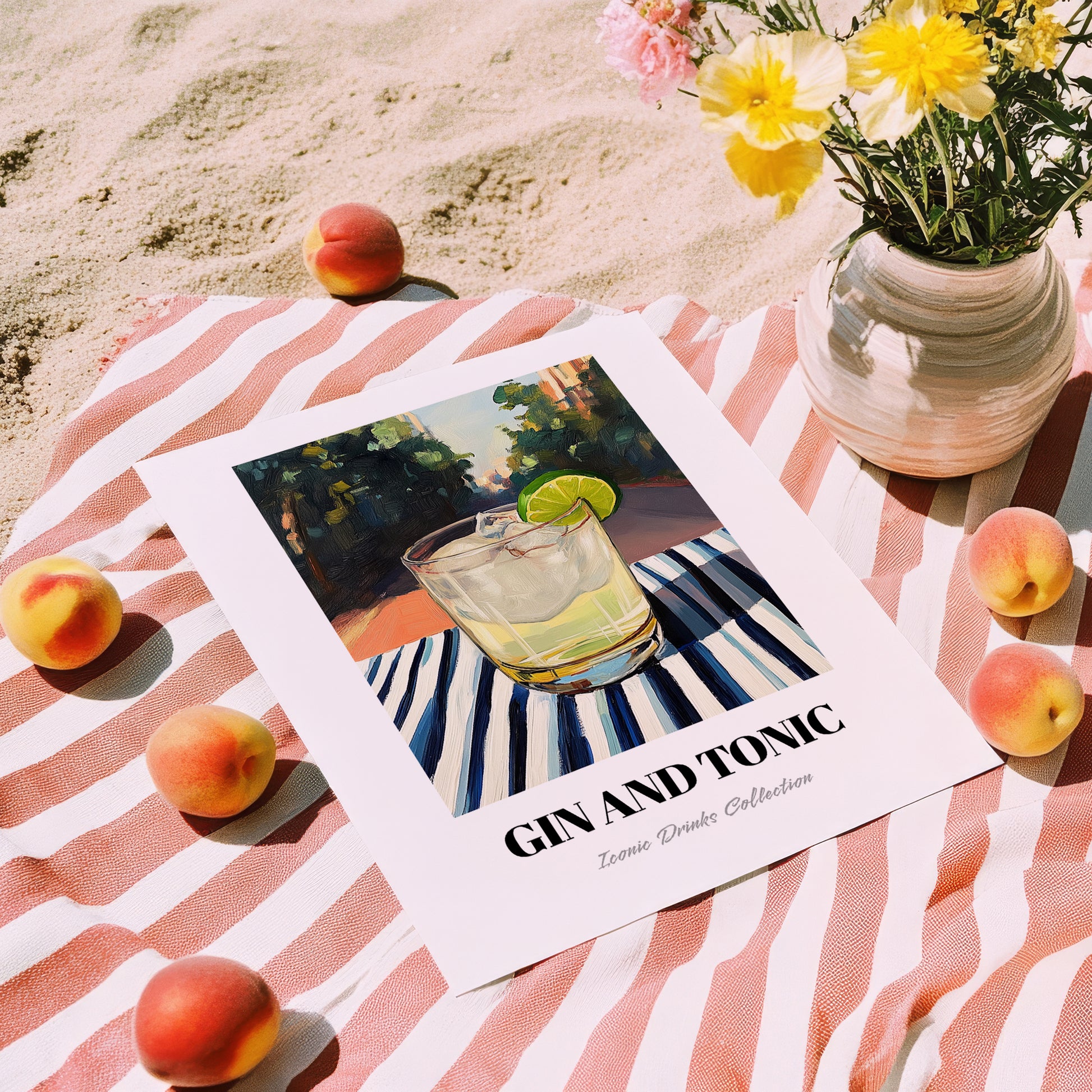 Gin And Tonic – English Outdoor Café Scene, English Spirit Wall Decor, unframed on coastal sand