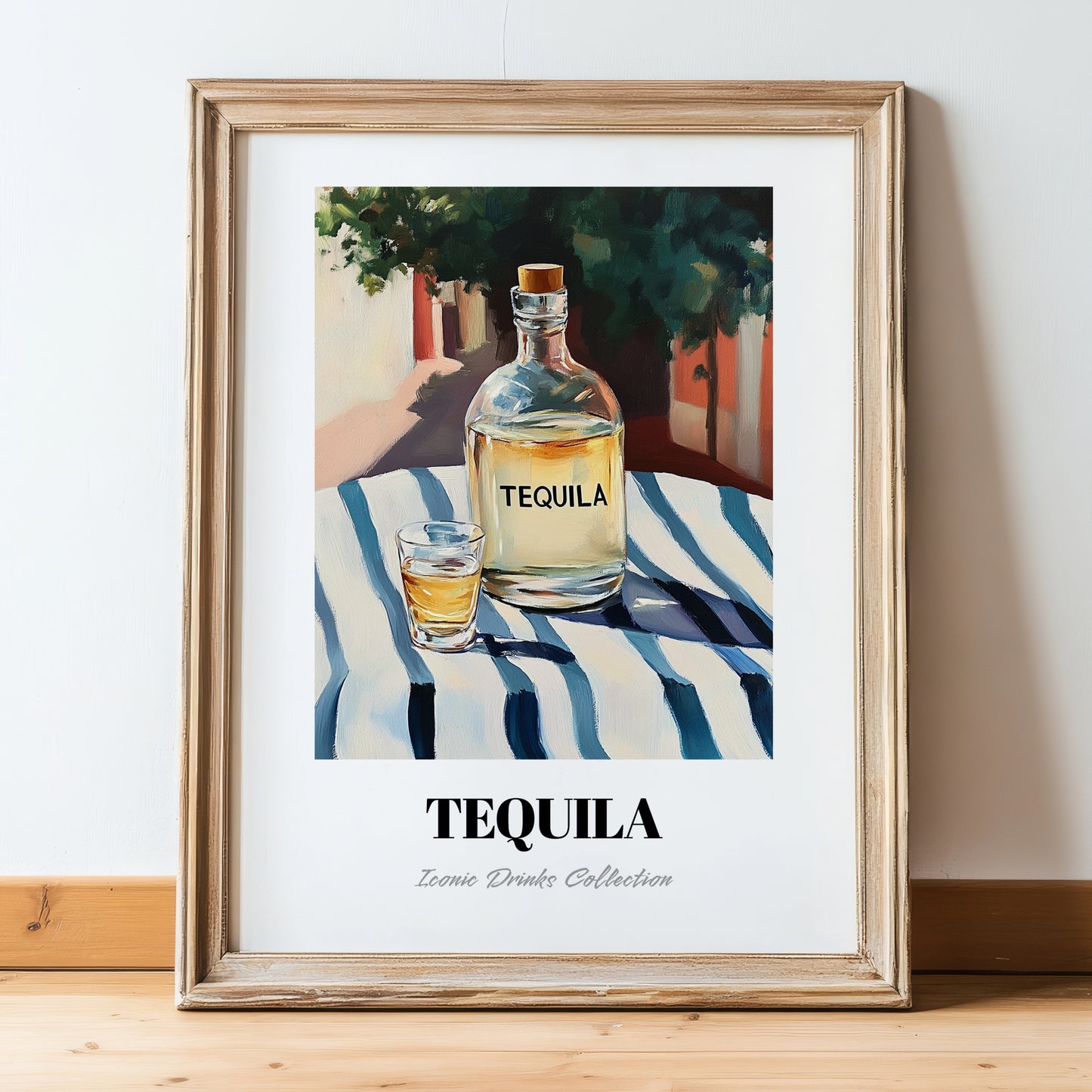 Tequila – Mexican Outdoor Café Scene, Mexican Spirit Poster, in wooden frame leaning on the floor