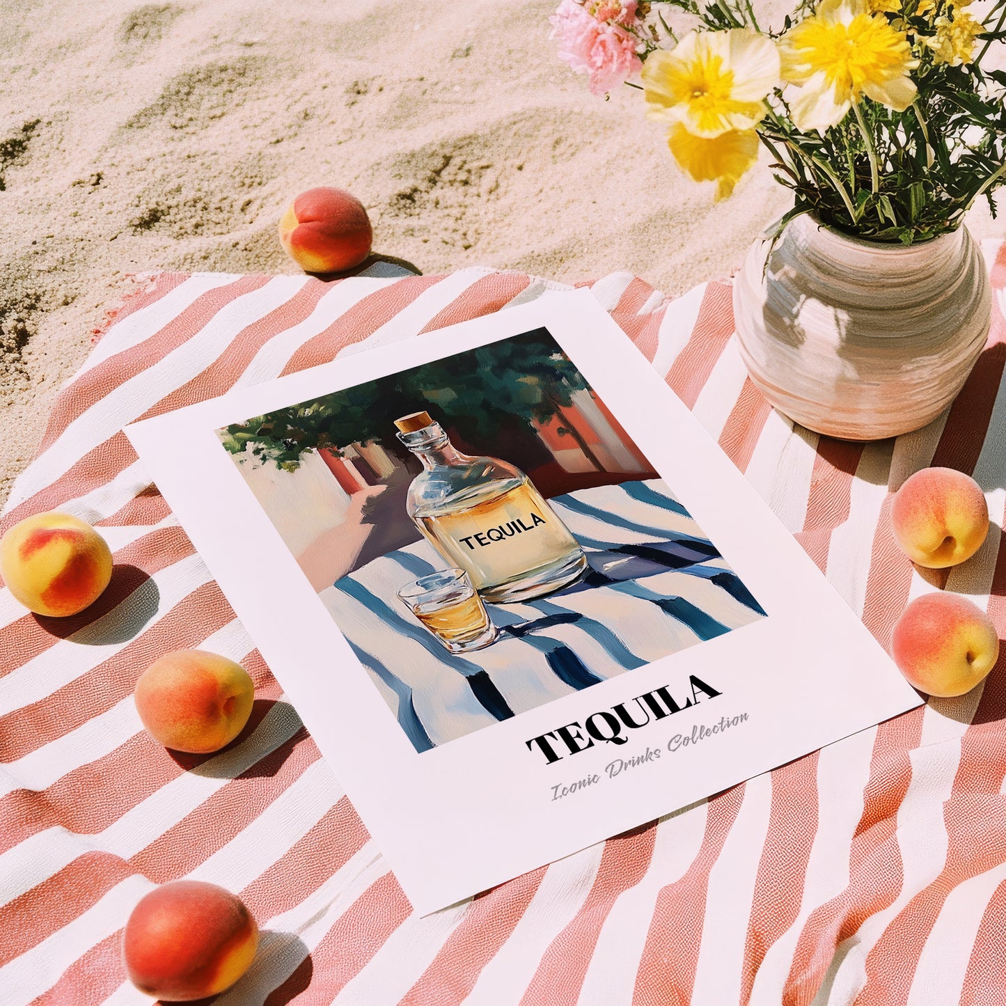 Tequila – Mexican Outdoor Café Scene, Mexican Spirit Poster, unframed on coastal sand