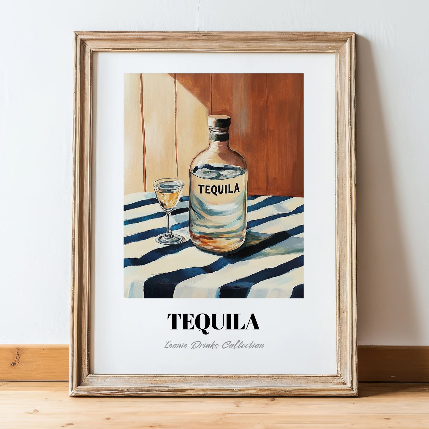 Tequila – on Striped Tablecloth, Mexican Spirit Wall Decor, in wooden frame leaning on the floor