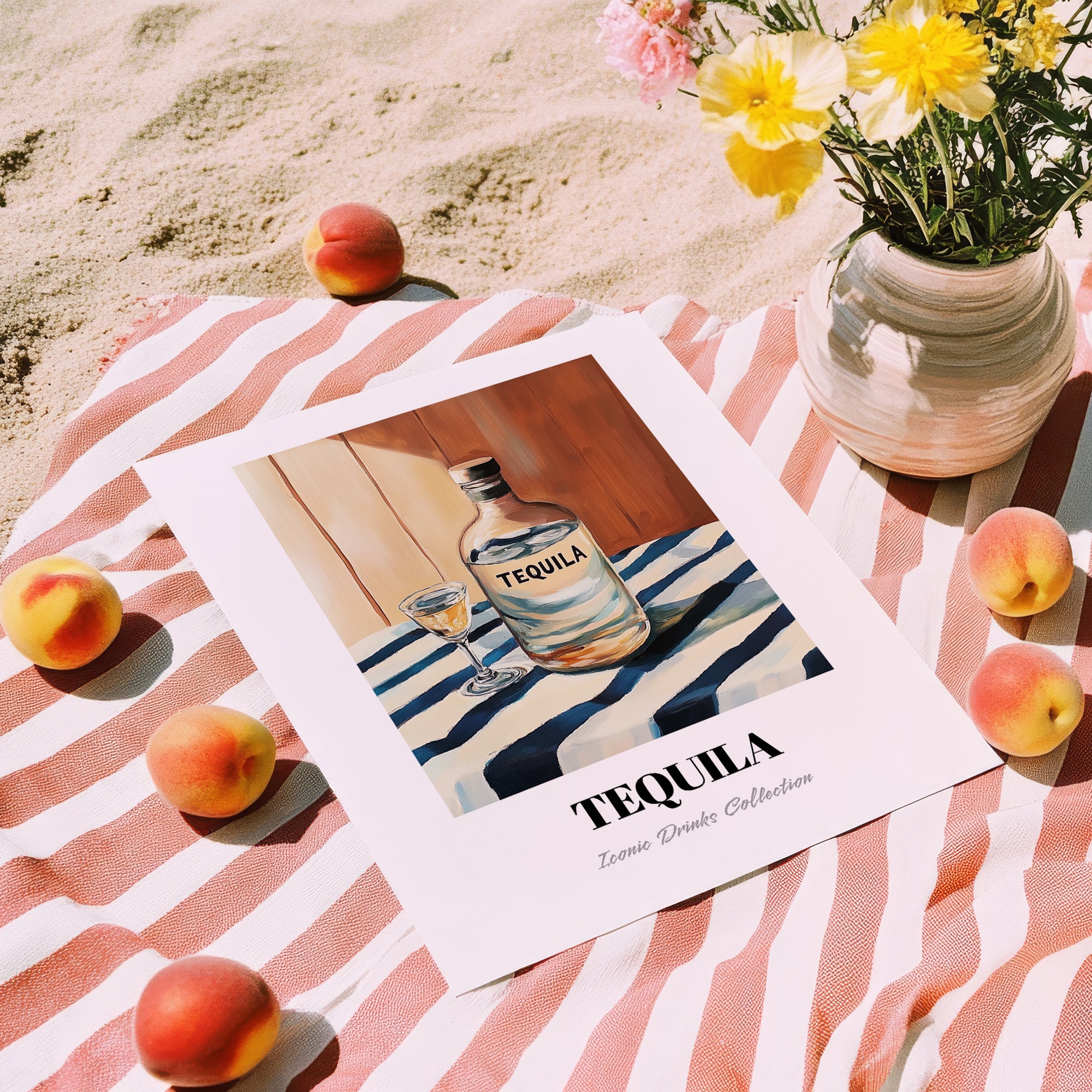 Tequila – on Striped Tablecloth, Mexican Spirit Wall Decor, unframed on coastal sand