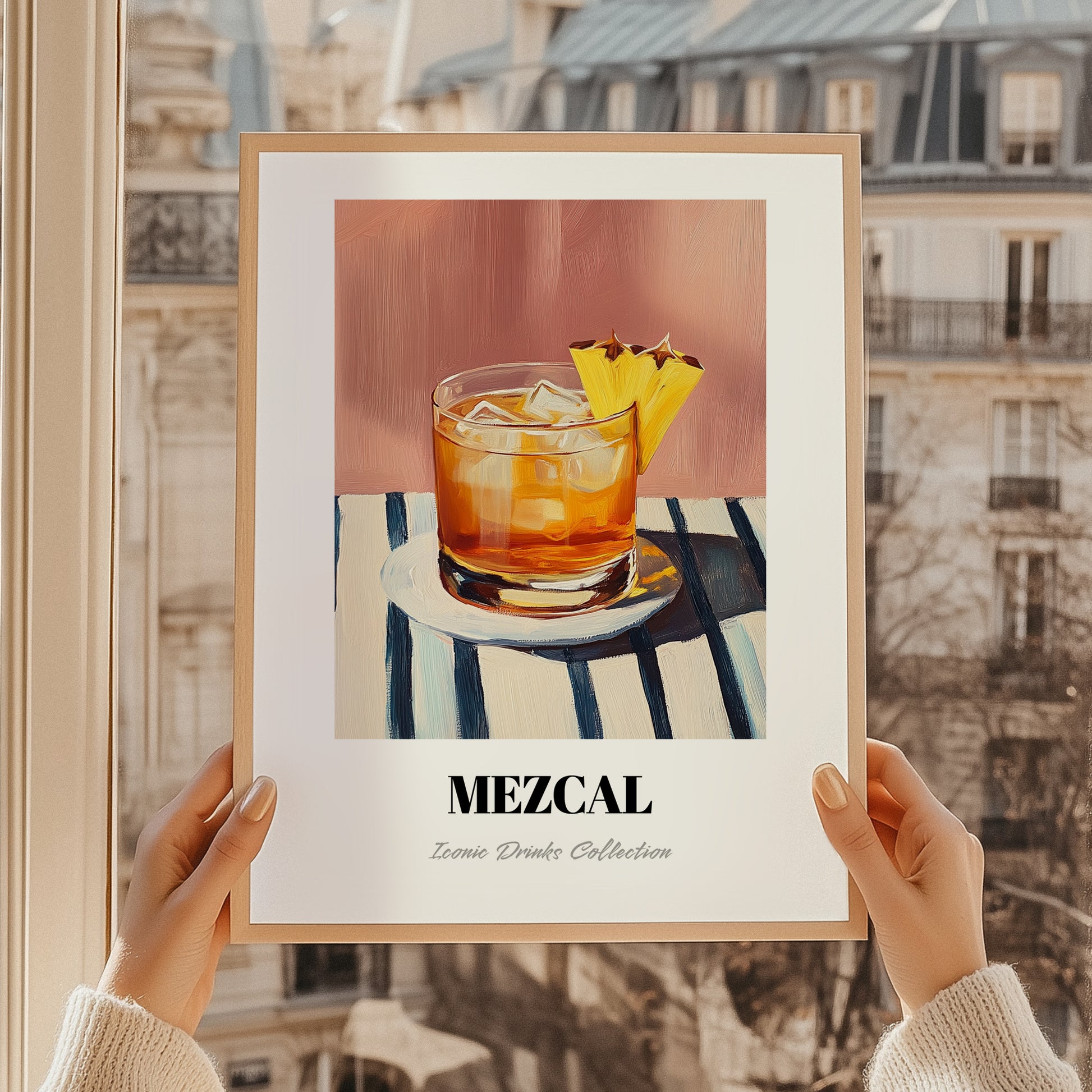 Mezcal – on Striped Tablecloth, Mexican Spirit Wall Poster, styled in a charming Paris street view
