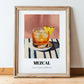 Mezcal – on Striped Tablecloth, Mexican Spirit Wall Poster, in wooden frame leaning on the floor