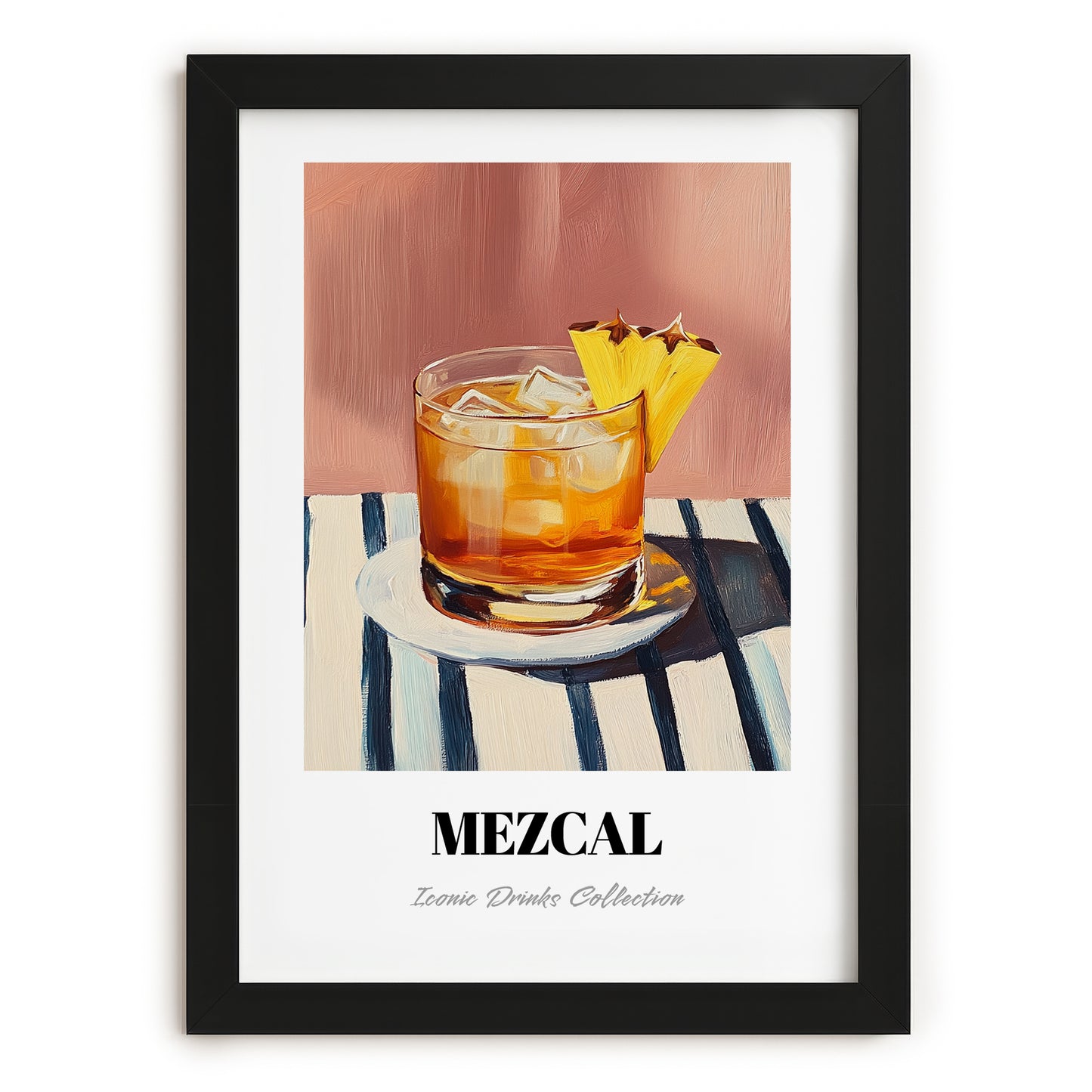 Mezcal – on Striped Tablecloth, Mexican Spirit Wall Poster, in sleek black frame