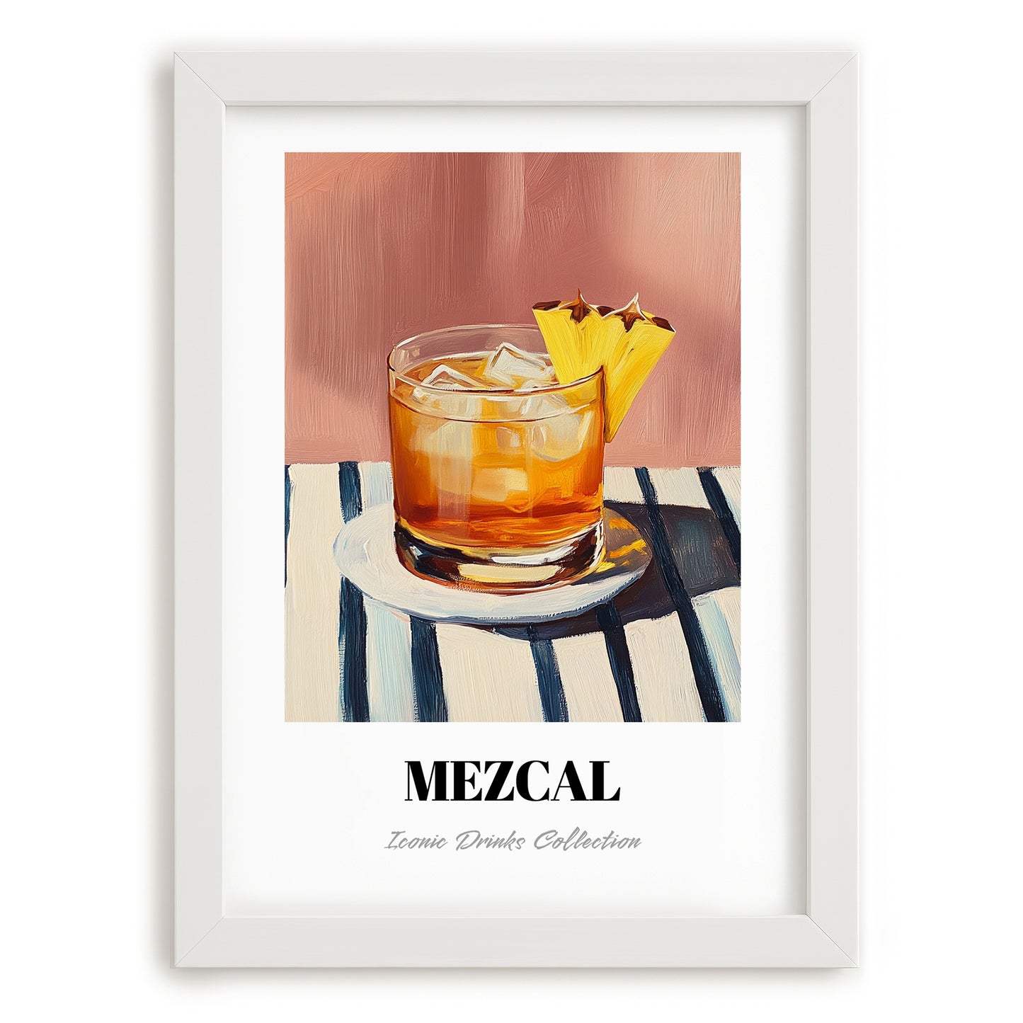 Mezcal – on Striped Tablecloth, Mexican Spirit Wall Poster, placed in minimal white frame