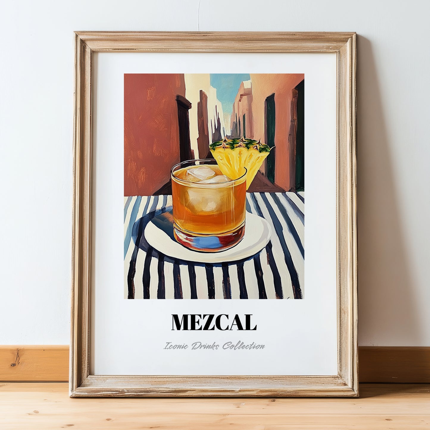 Mezcal – Mexican Café on the Corner, Mexican Cocktail Illustration, in wooden frame leaning on the floor
