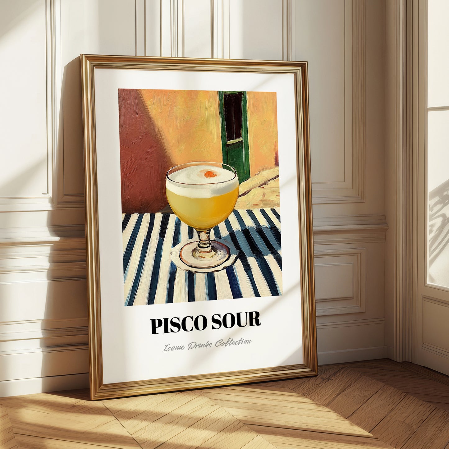 Pisco Sour – on Striped Tablecloth, Peruvian Cocktail Painting