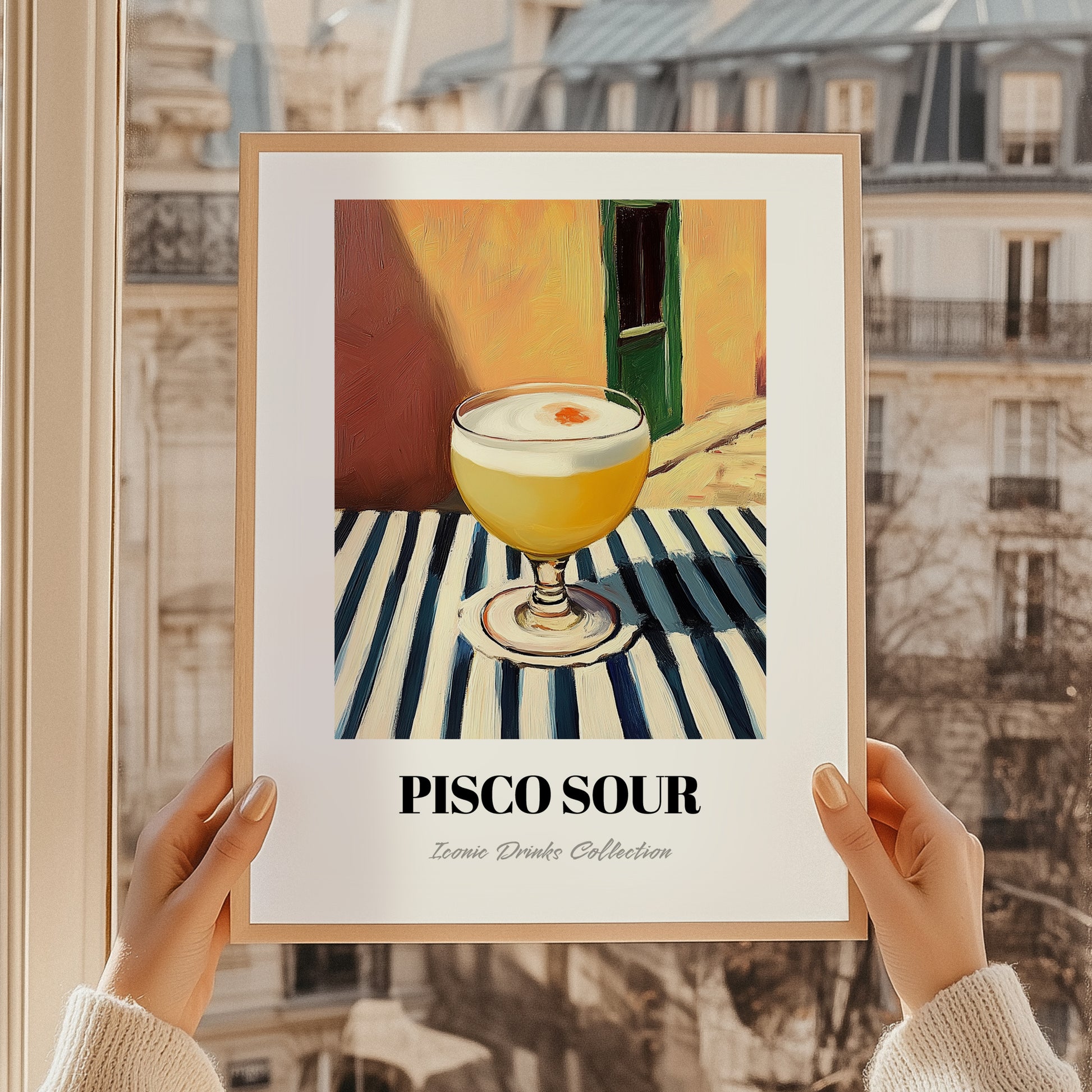 Pisco Sour – on Striped Tablecloth, Peruvian Cocktail Painting, styled in a charming Paris street view