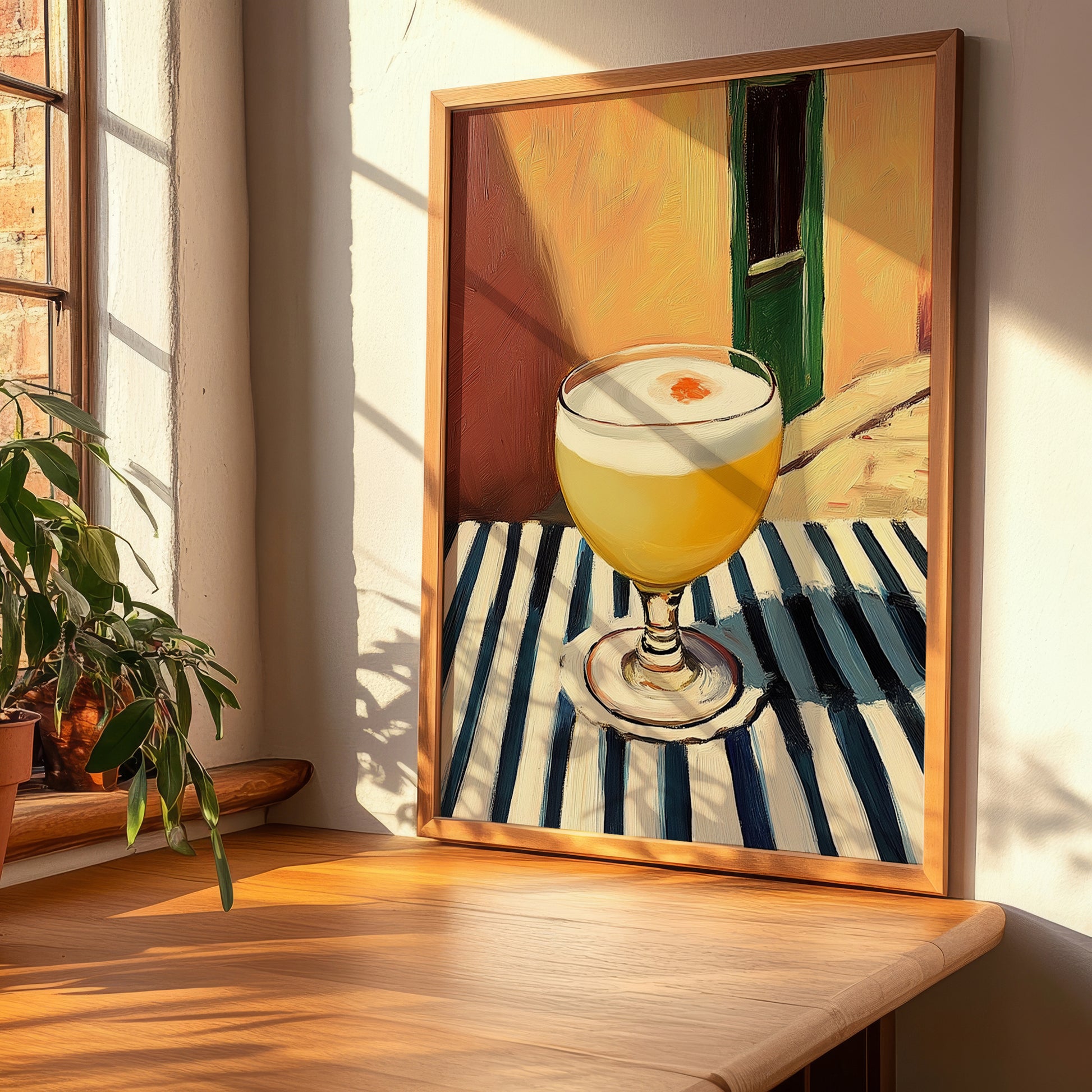 Pisco Sour – on Striped Tablecloth, Peruvian Cocktail Painting, clean layout with no caption