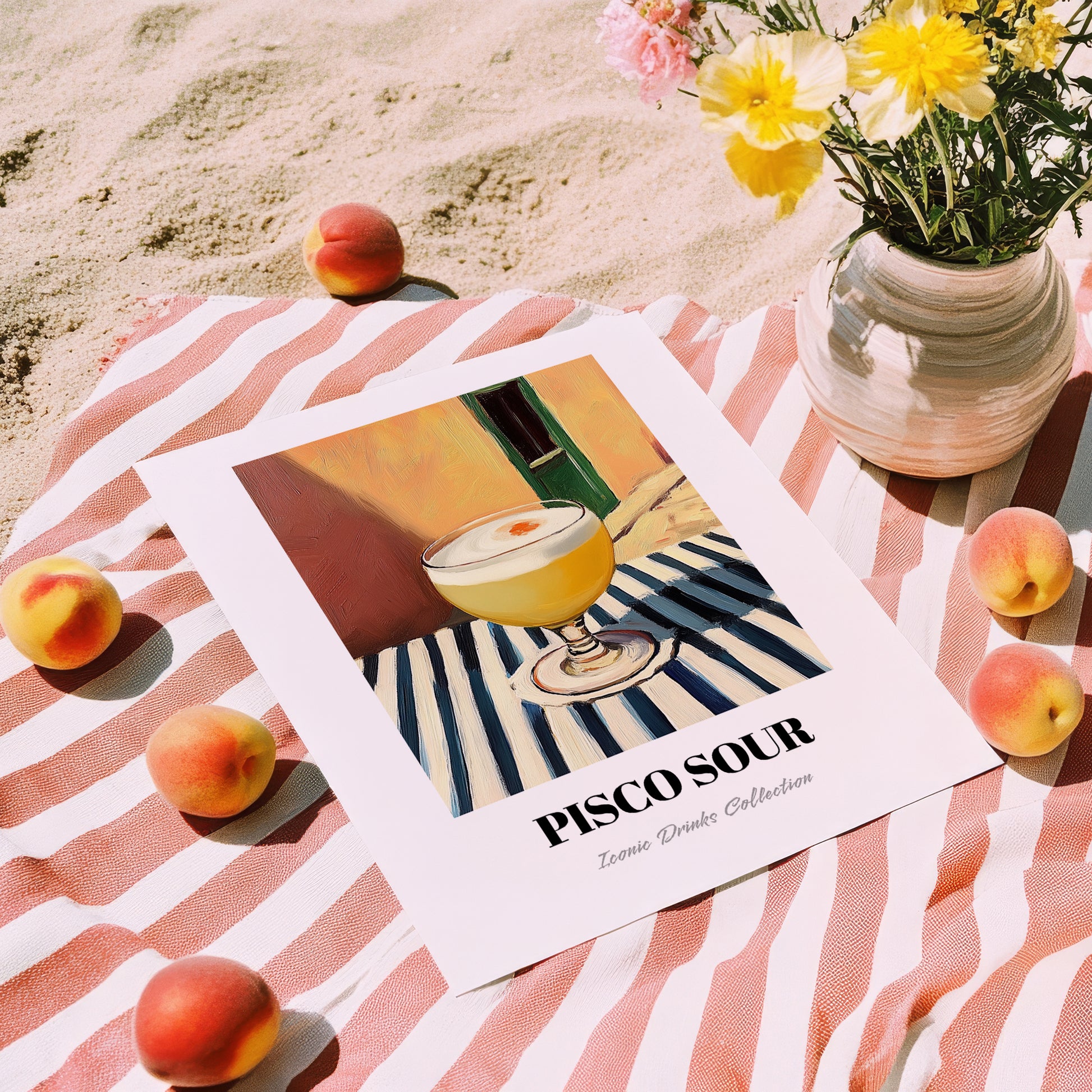 Pisco Sour – on Striped Tablecloth, Peruvian Cocktail Painting, unframed on coastal sand