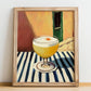 Pisco Sour – on Striped Tablecloth, Peruvian Cocktail Painting, no-text version framed in wood