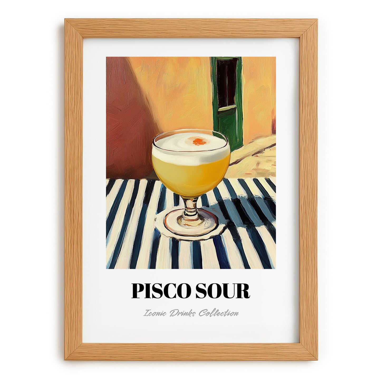 Pisco Sour – on Striped Tablecloth, Peruvian Cocktail Painting, set in oak frame