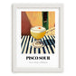 Pisco Sour – on Striped Tablecloth, Peruvian Cocktail Painting, placed in minimal white frame