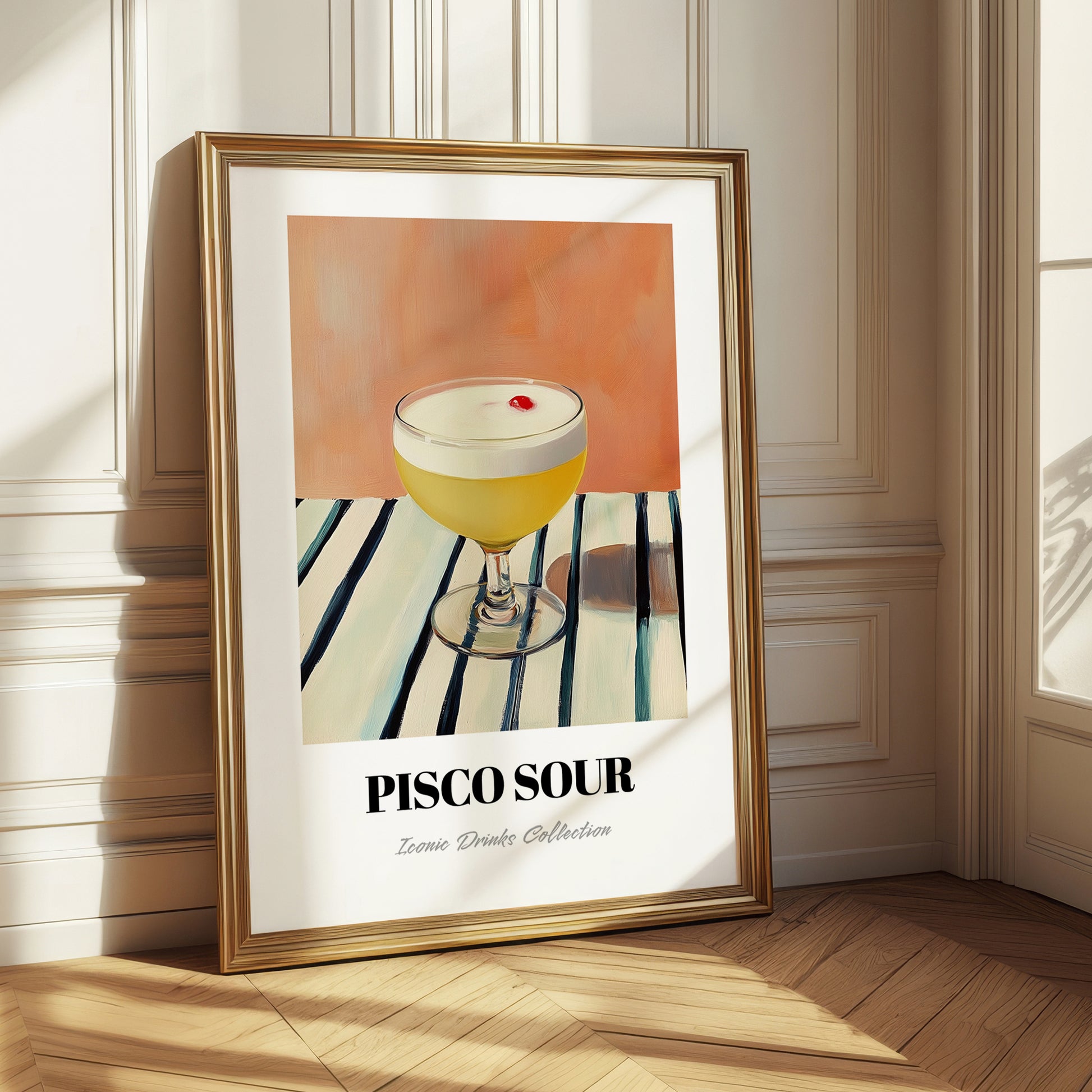 Pisco Sour – on Striped Tablecloth, Peruvian Spirit Wall Print