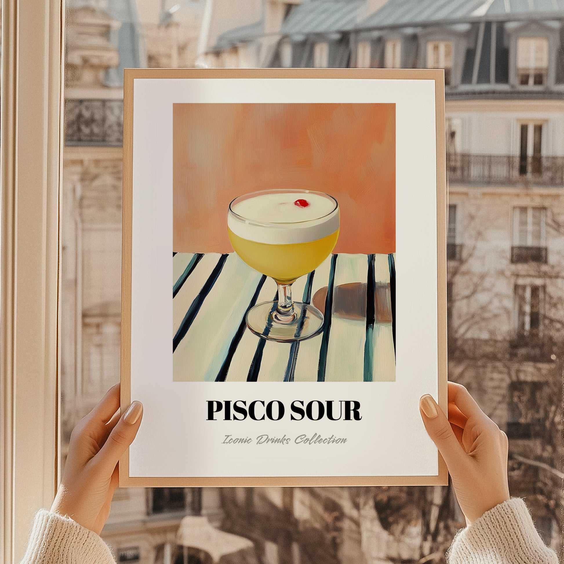Pisco Sour – on Striped Tablecloth, Peruvian Spirit Wall Print, styled in a charming Paris street view