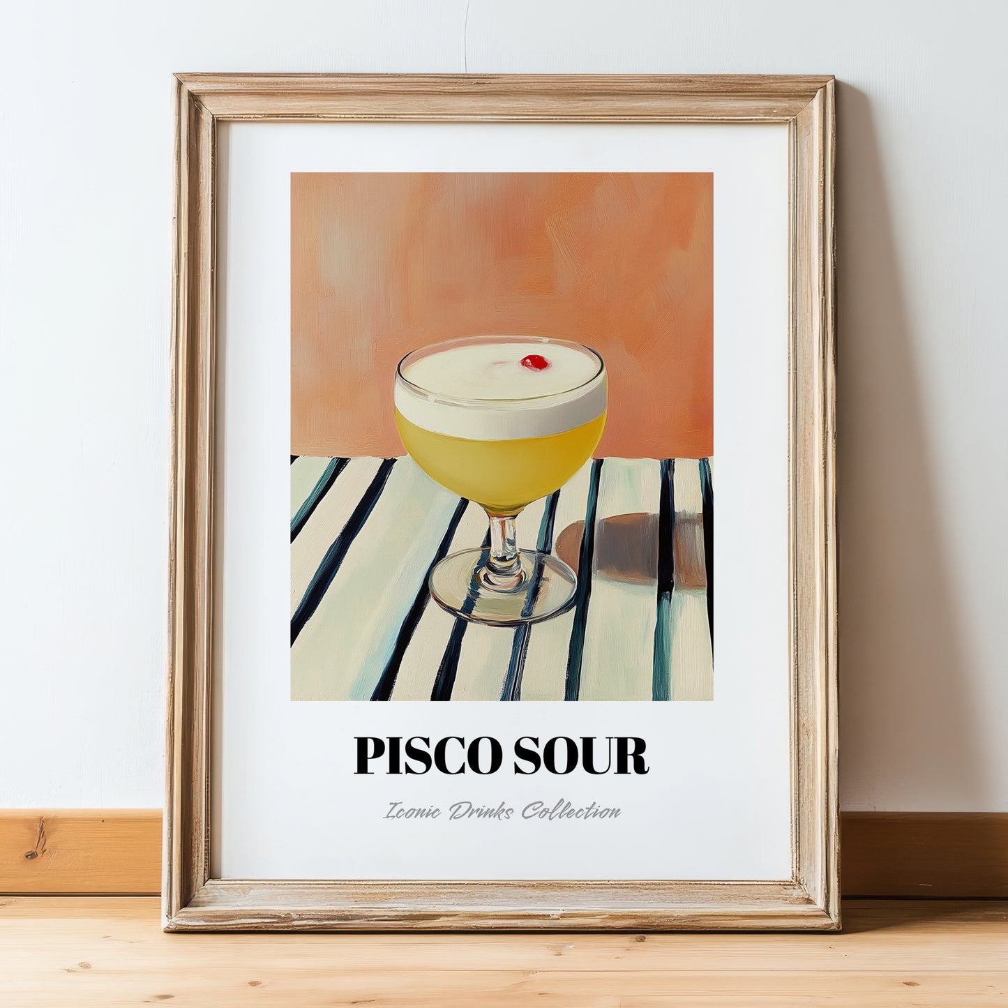 Pisco Sour – on Striped Tablecloth, Peruvian Spirit Wall Print, in wooden frame leaning on the floor