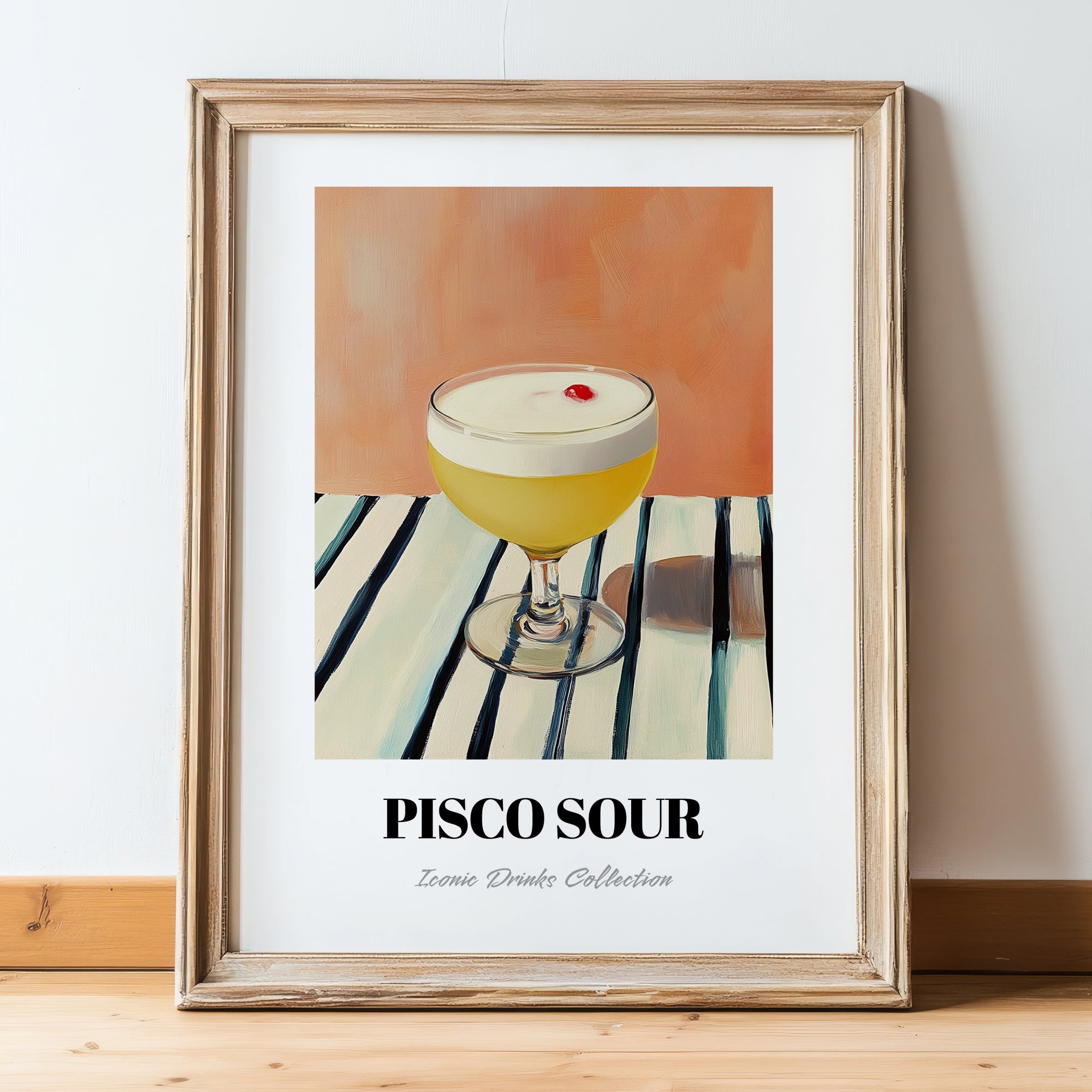 Pisco Sour – on Striped Tablecloth, Peruvian Spirit Wall Print, in wooden frame leaning on the floor