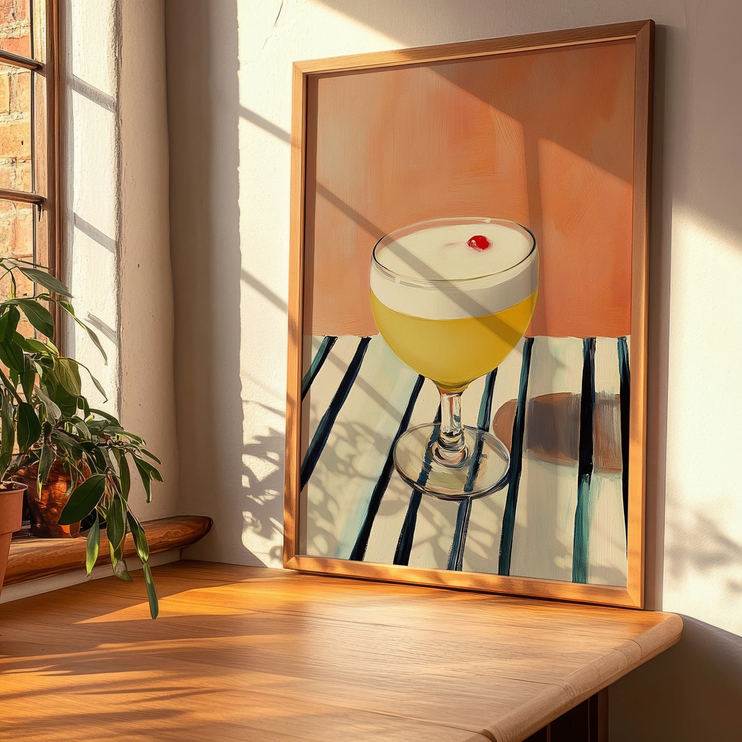Pisco Sour – on Striped Tablecloth, Peruvian Spirit Wall Print, clean layout with no caption