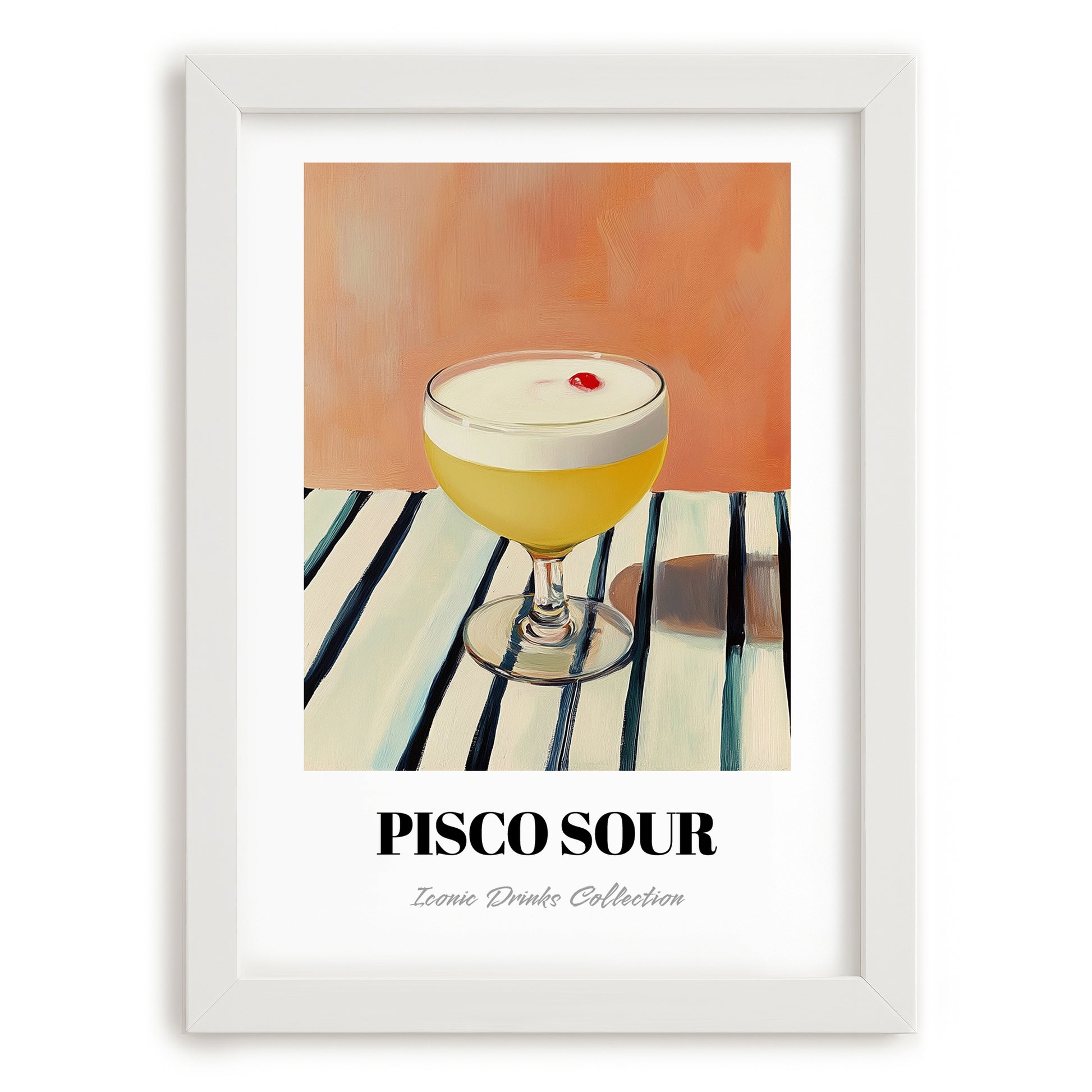 Pisco Sour – on Striped Tablecloth, Peruvian Spirit Wall Print, placed in minimal white frame