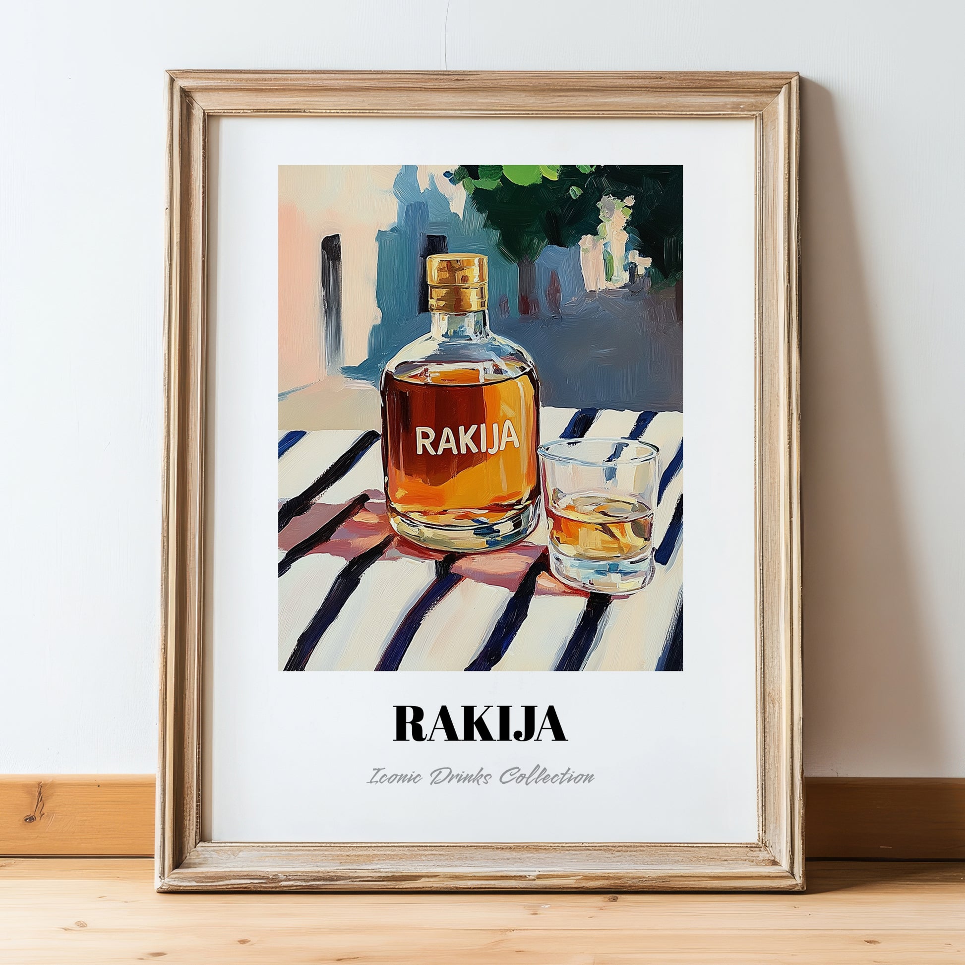 Rakija – Serbian Café on the Corner, Serbian Spirit Painting, in wooden frame leaning on the floor