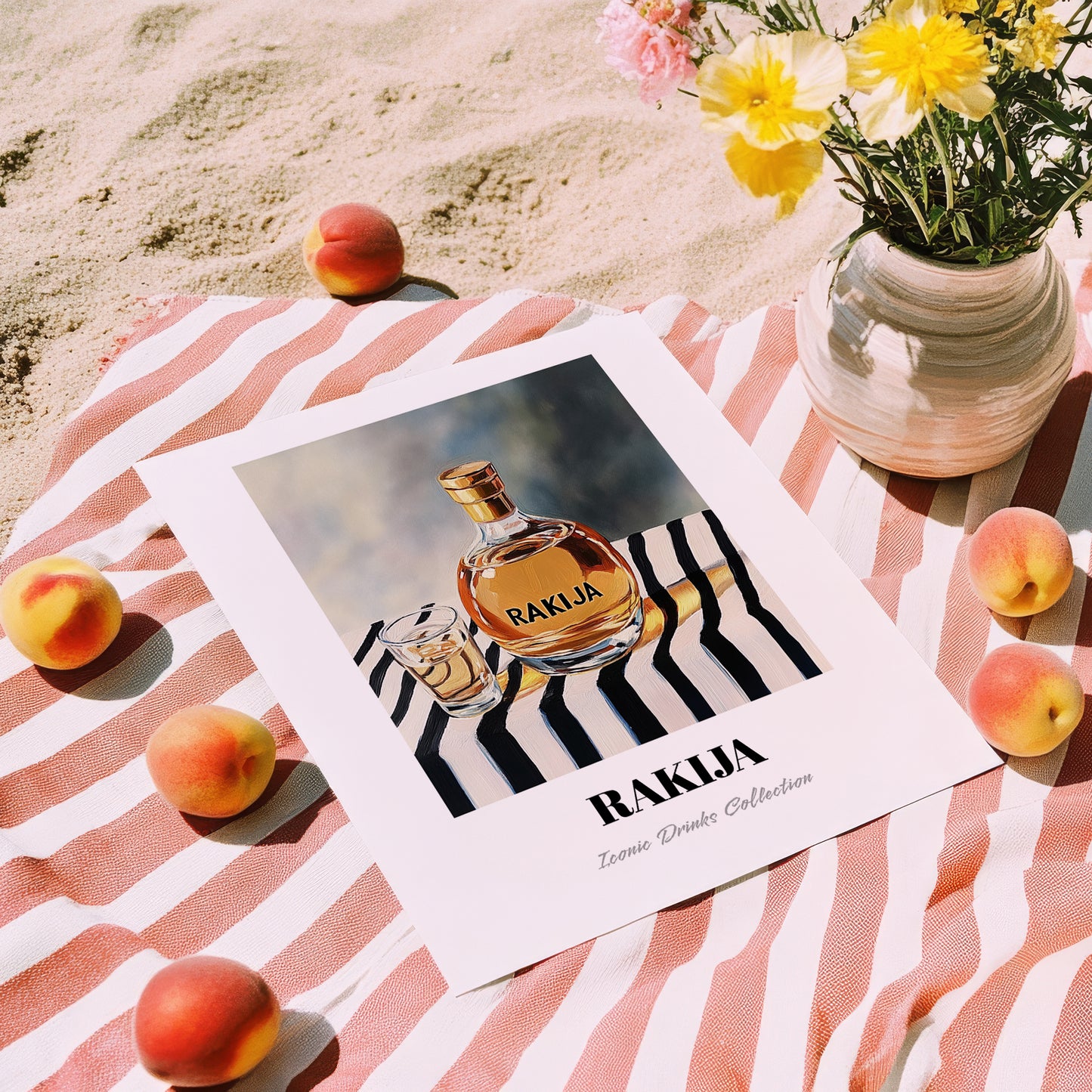 Rakija – on Striped Tablecloth, Serbian Spirit Wall Poster, unframed on coastal sand
